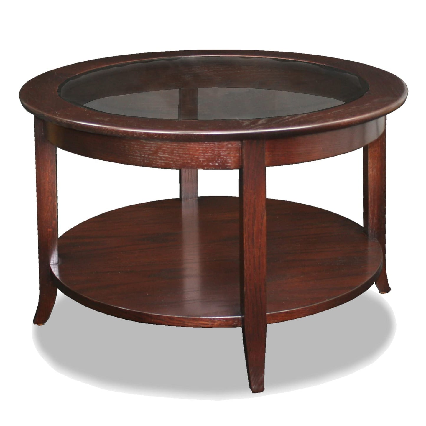 Leick Home Sheldon Coffee Table, Solid Wood, Round, with Glass Top and Shelf, Chocolate Oak, 10037