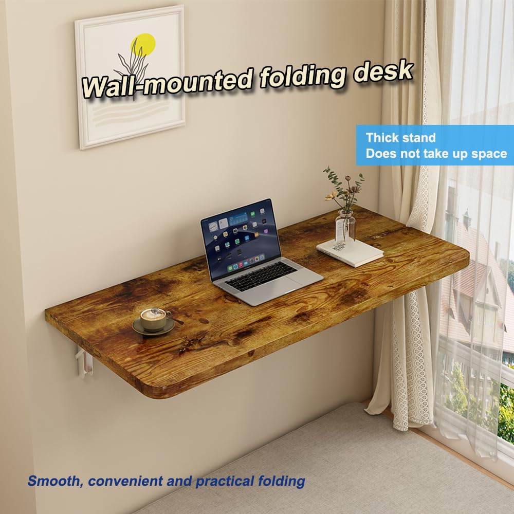 CYGJSYEA Rustic Wall Mounted Folding Table, Solid Wood Floating Desk with Stainless Steel Brackets, Space Saving Shelf for Home Office, Kitchen, Dining, Laundry Room (60X40cm / 23.63"X15.75")