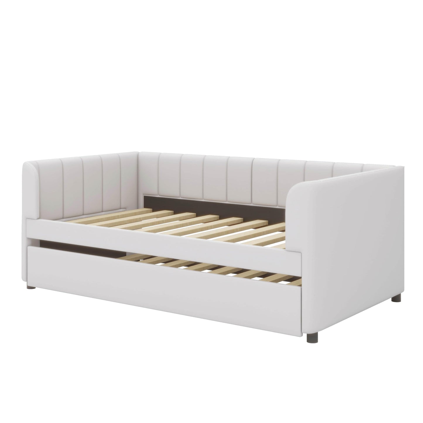 YunNianYang Twin Size Upholstered Daybed Frame with Ergonomic Design Backrest and Trundle (Beige)