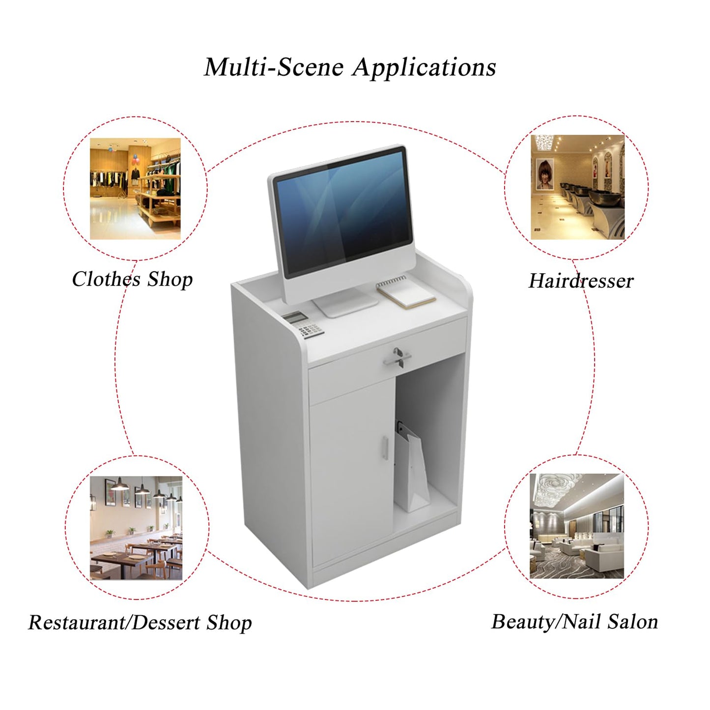 Reception Desk for Spaces with Lockable Drawer, Compact Office Counter Desk Counter Modern Front Lockable Drawers,Modern Reception Desk with Lockable Drawer and Storage Cabinet Corner Cashie