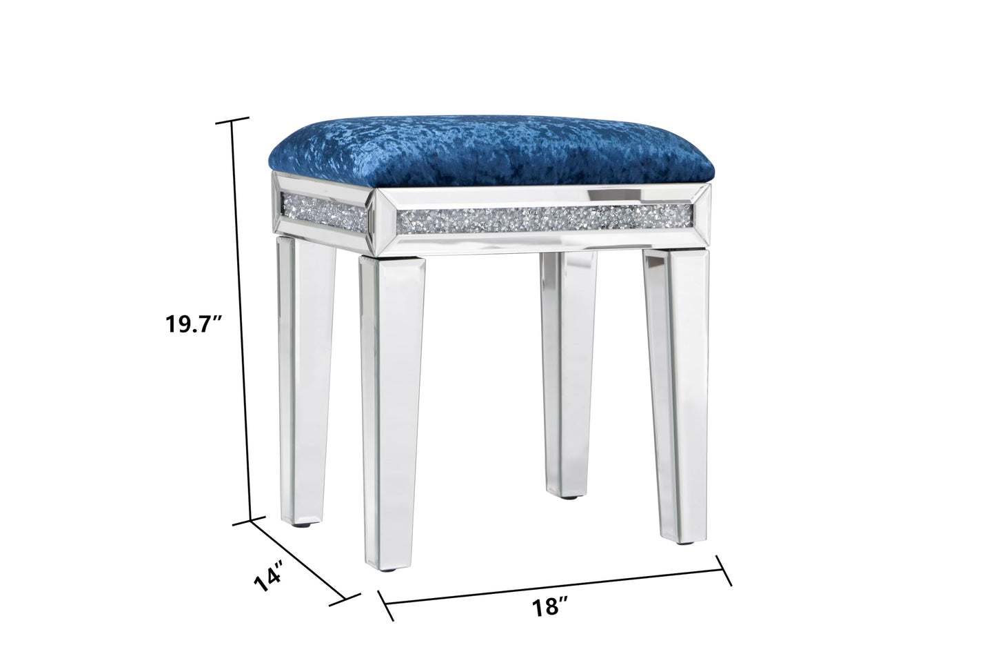 blingworld Mirrored Vanity Stool with Crushed Diamond Inlay Velvet Cushion 19.7'' Tall Stylish Makeup Chair for Bedroom, Vanity Chair, Ottoman for Living Room,Blue