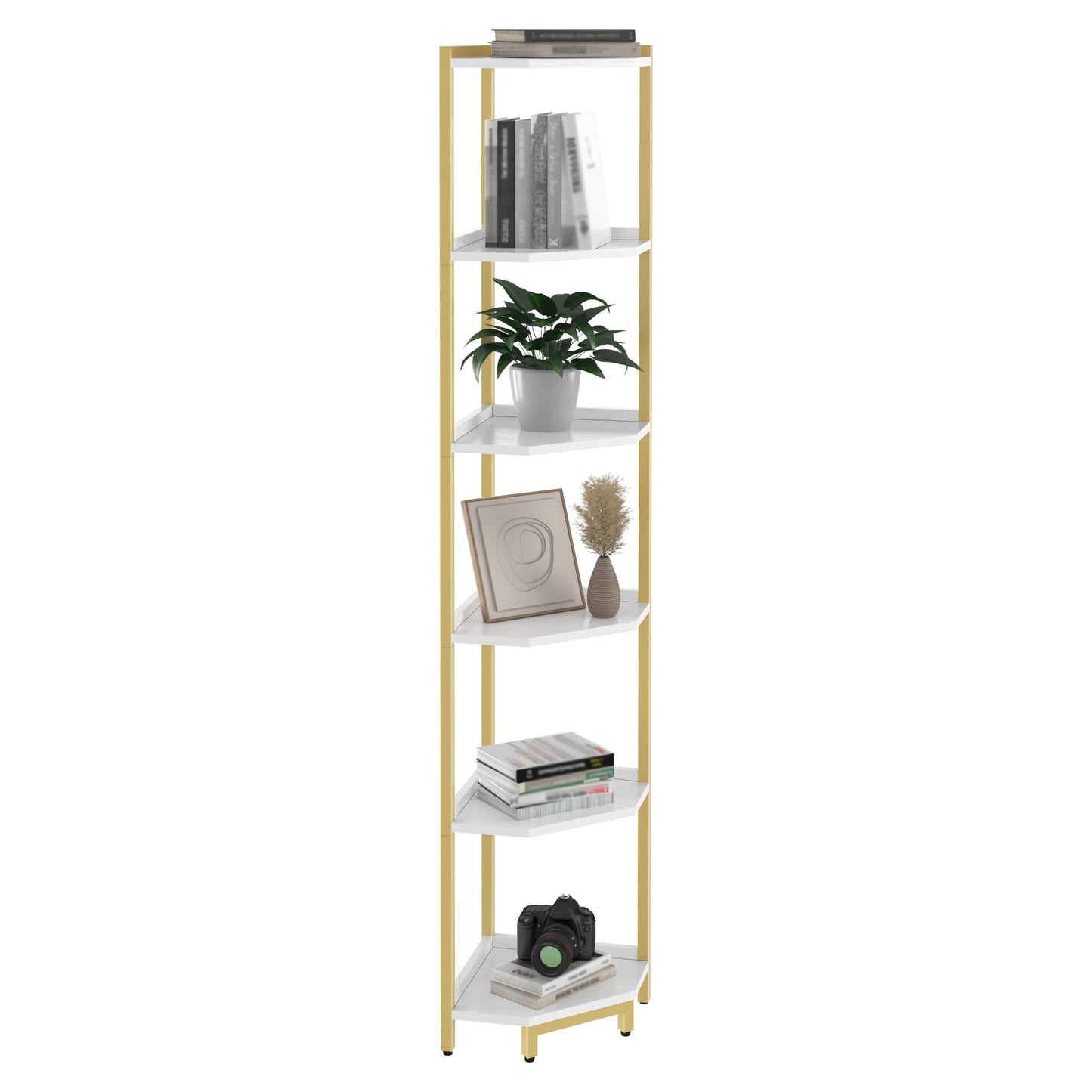 Hzuaneri Corner Shelf Stand, Corner Bookshelf, Storage Standing Shelf Unit with Metal Frame, Plant Stand, Bookcase for Living Room, Home Office, Bedroom, 6-Tier White Gold CS06003A