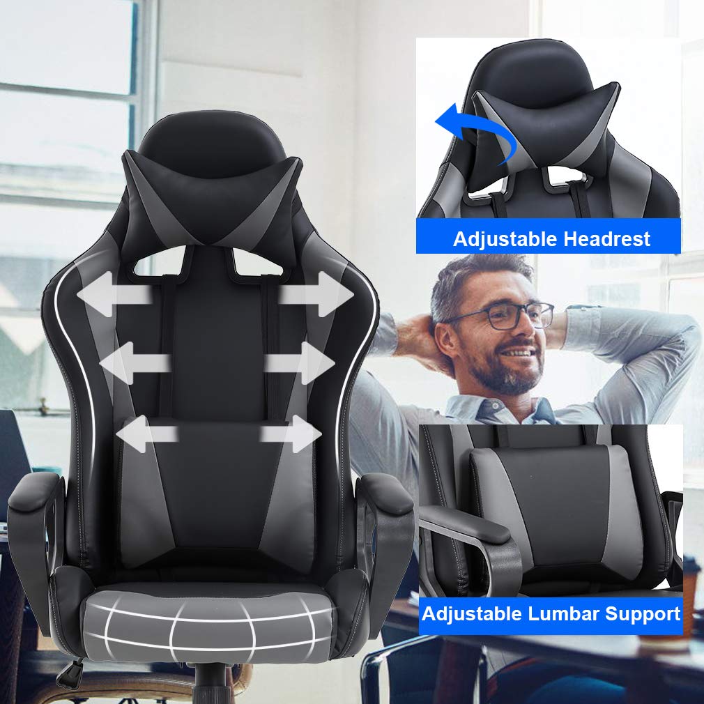 Gaming Chair Office Chair Desk Chair with Lumbar Support Arms Headrest High Back PU Leather Ergonomic Massage Racing Chair Rolling Swivel Executive Adjustable Computer Chair for Adults Girls(Grey)