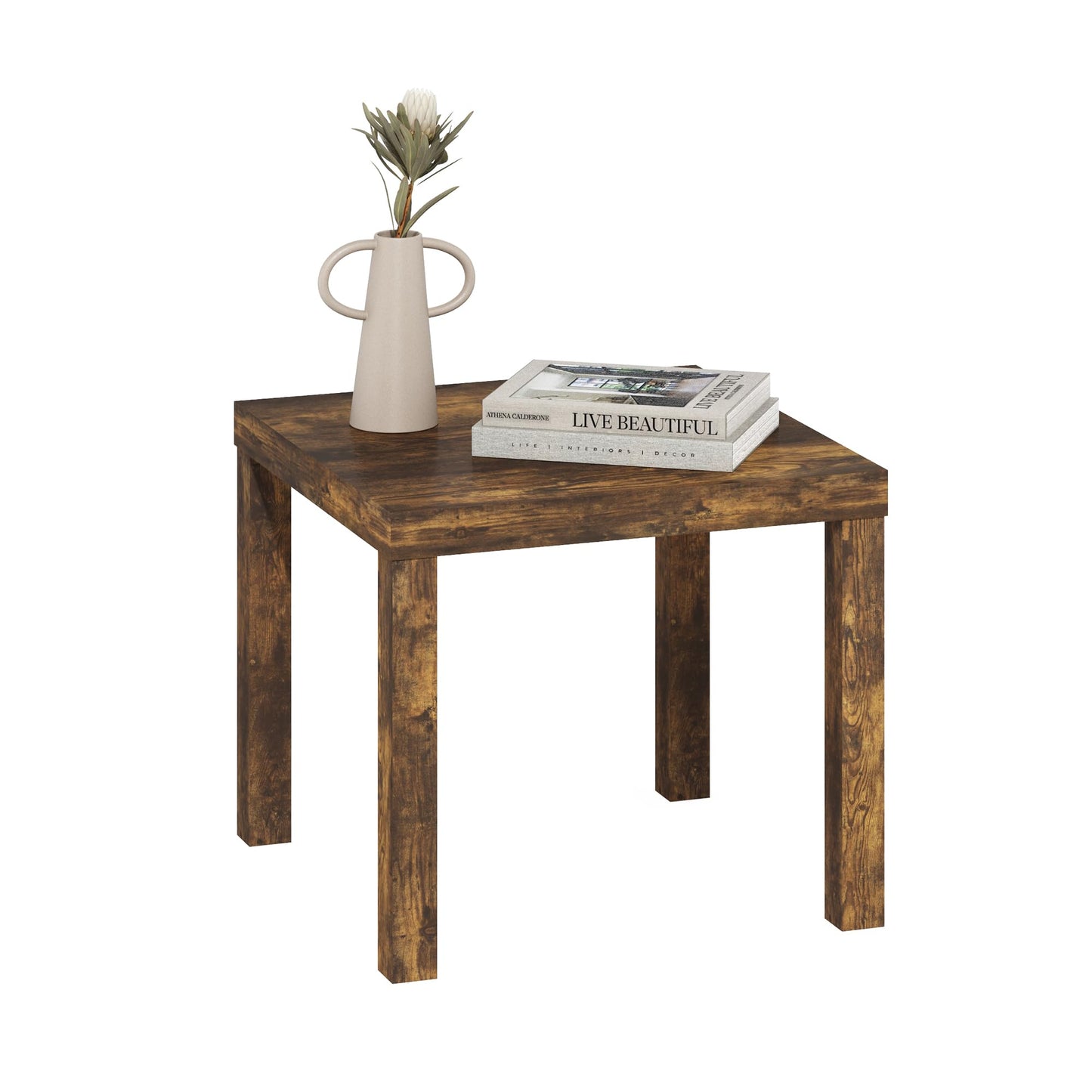 Furinno Classic Side Table, Square Modern End Table with 1.8" Triple Thick Tabletop, Simple Night Stand, Bedside Table, Toolless Assembly, for Living Room, Bedroom, Amber Pine