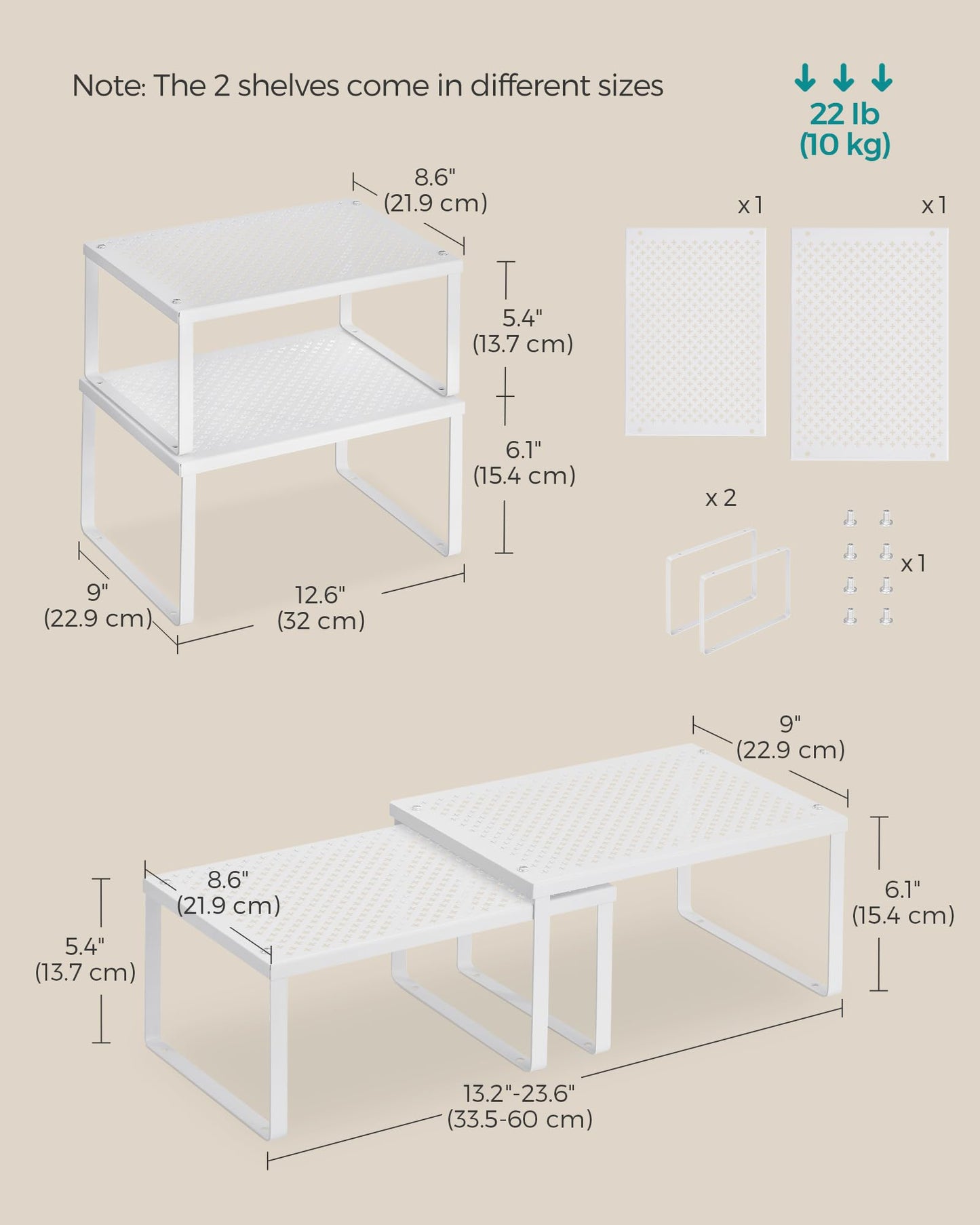 SONGMICS Spice Racks, Set of 2 Metal Cabinet Shelf Organizers, Countertop Organizers, Shelf Risers, Stackable, Expandable, White UKCS01WT