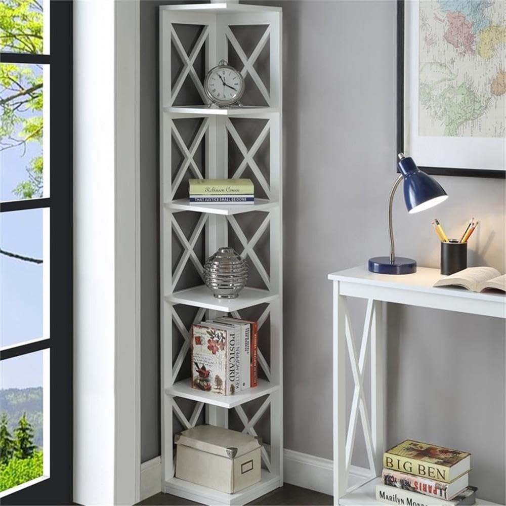 Convenience Concepts Oxford Corner Bookcase 12" - 5-Tier Slim Farmhouse Bookcase for Modern Living & Family Room, Media Storage Organizer for Home Office Library, Tall Shelving Unit, White