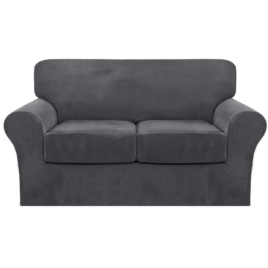 FantasDecor 3 Piece Sofa Covers Velvet for 2 Cushion Couch Stretch Loveseat Slipcover with Individual Seat Elastic Furniture Protector for Pets (Loveseat, Gray)