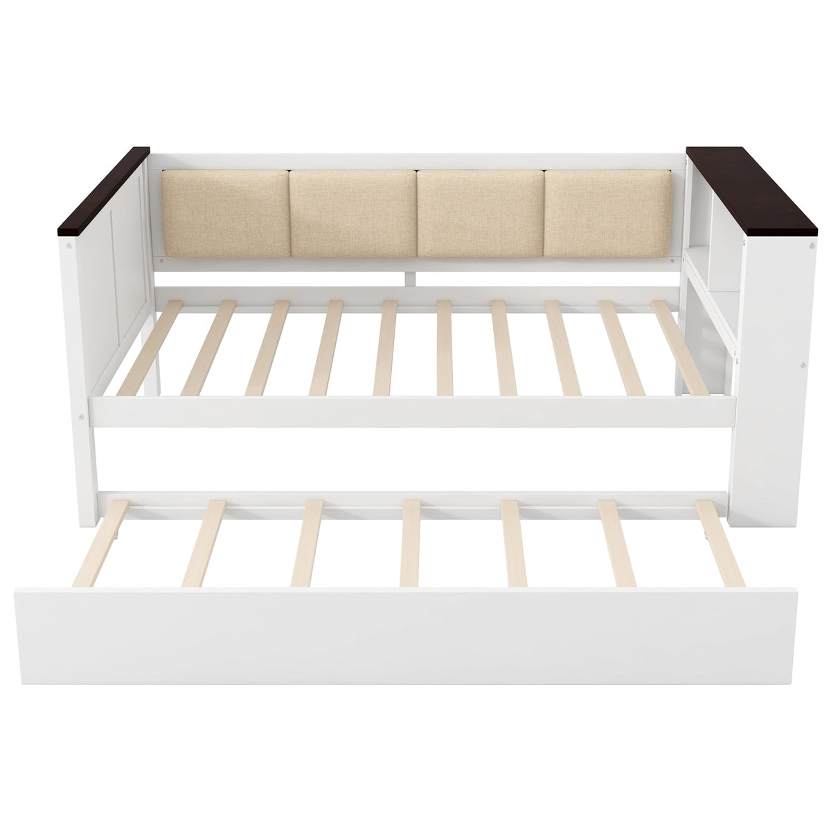 Merax Twin Size Wood Daybed with Storage Shelves, Platform Bed Frame Upholstered Backrest, USB and Trundle, Easy Assembly, White