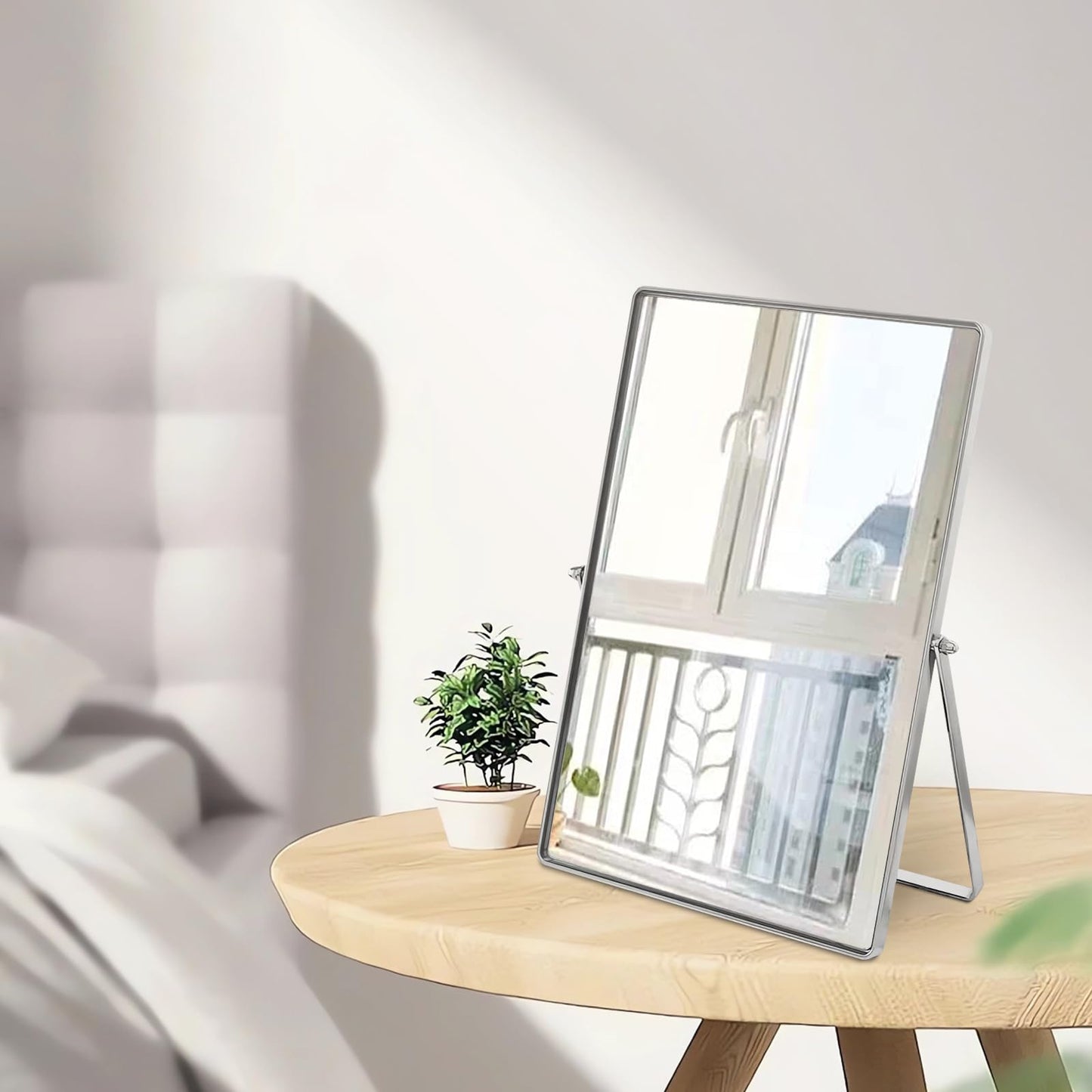 Numjeg Makeup Vanity Mirror Portable Desktop Mirror with Metal Stand Adjustable 90° Rotation Desk Mirrors for Dressing Room,Bedroom, Bathroom,Tabletop,Square Silver