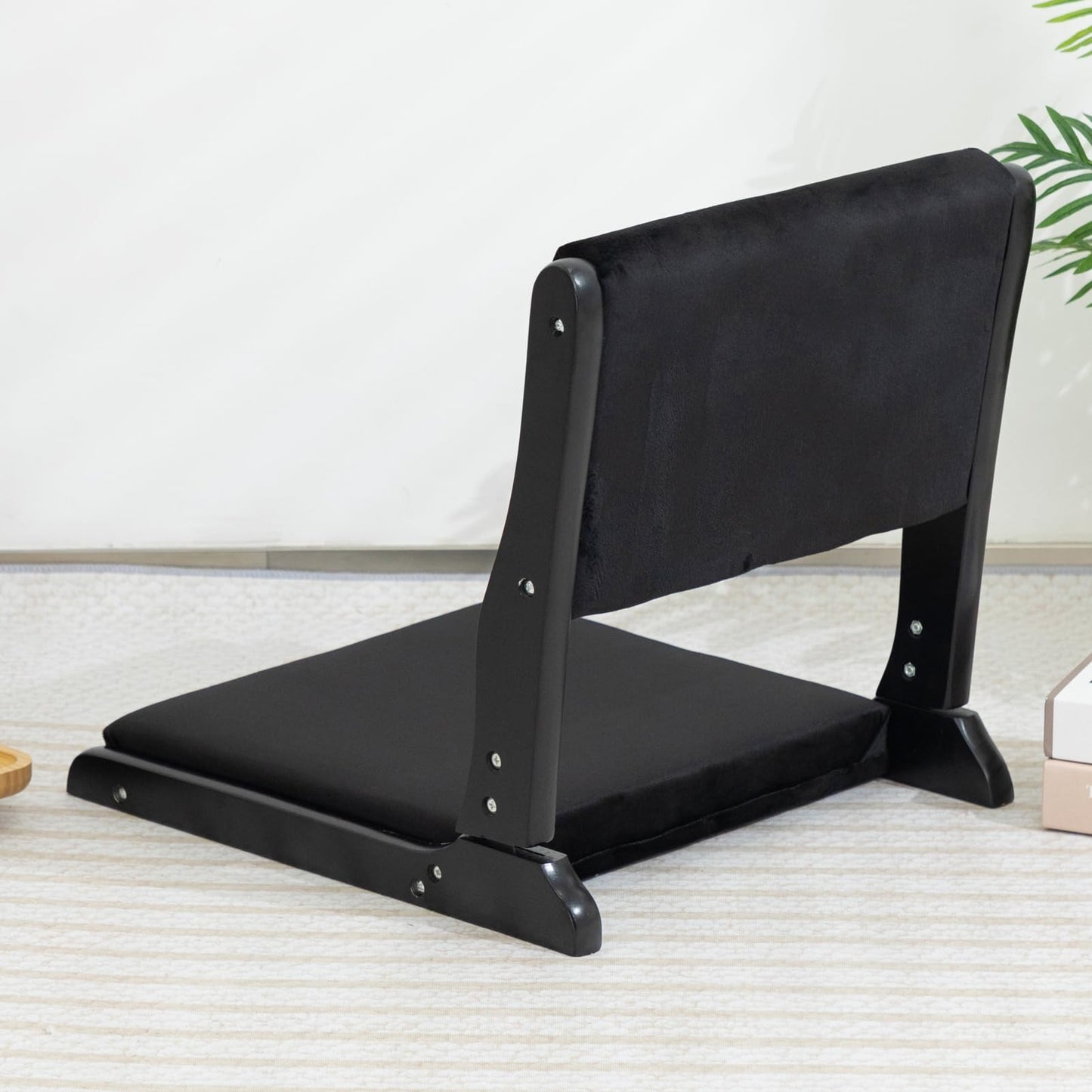 HollyHOME Foldable Tatami Chair, Upholstered Japanese Style Floor Seat, Wood Legless Back Rest With Cushion, Accent Meditation for Bay Window, Living Room, Bedroom, Black