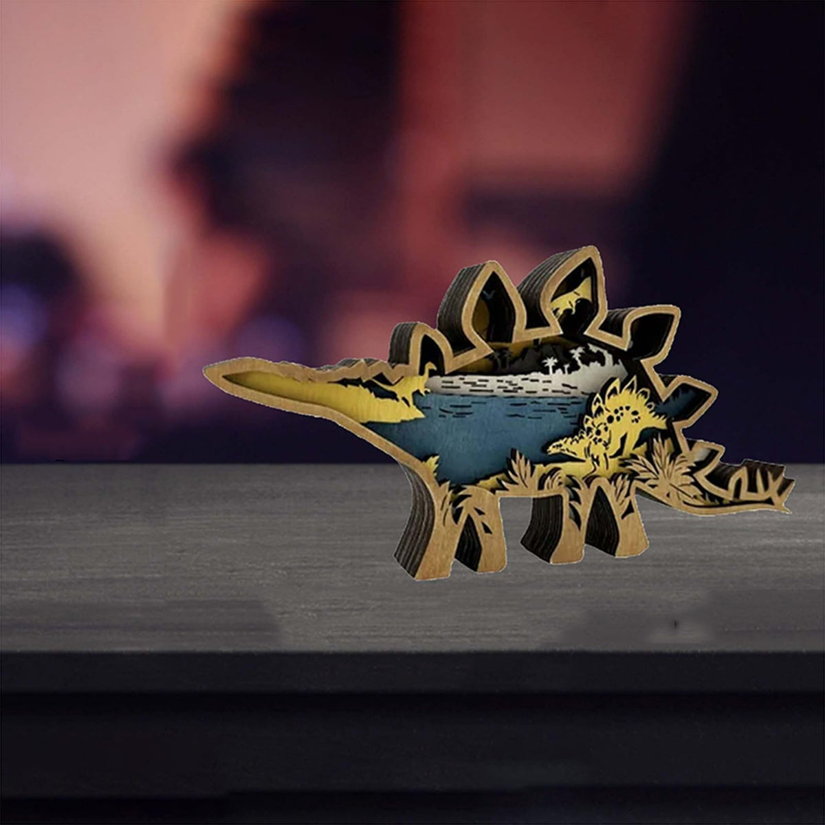 3D Wood Carving Lamp Home Creative Decorative, Funny Family Presents Ideas Christmas Living Room Office Decor Warm LED Night Lights Christmas Birthday Gift for Friend Son Dad Boys (Stegosaurus)