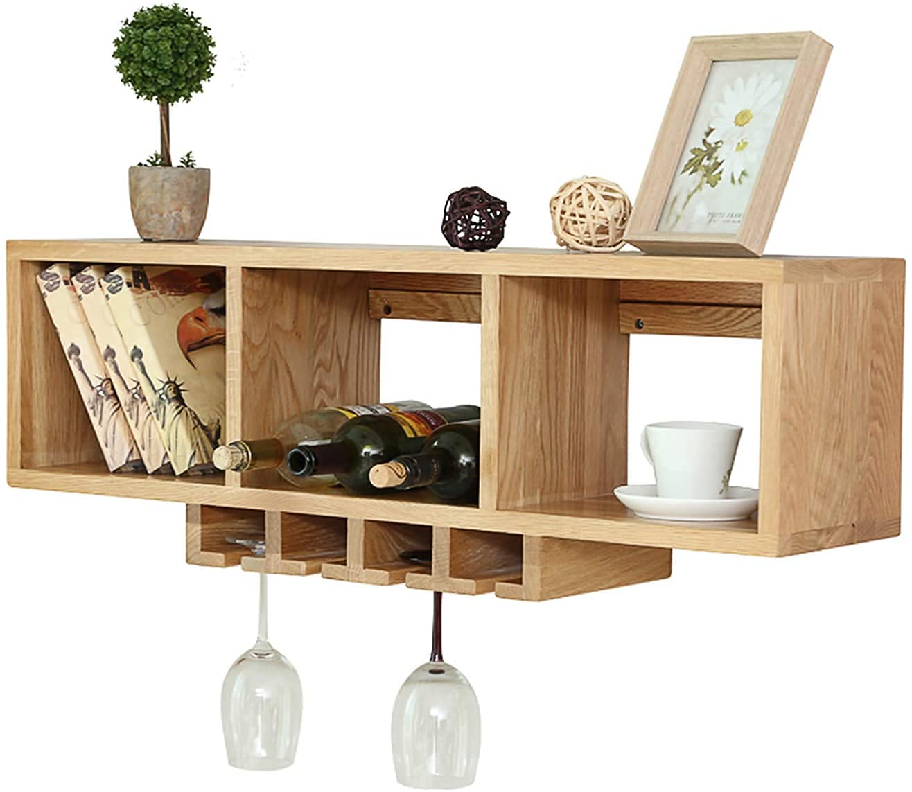 SBTXHJWCGLD Wall Mounted Solid Wood Wine Bottle & Stemware Shelves, Vintage Wine Display Storage Wall Shelves, for Homes, Bars, Cafes, Hotels, Restaurants, Offices (90X22X25Cm)