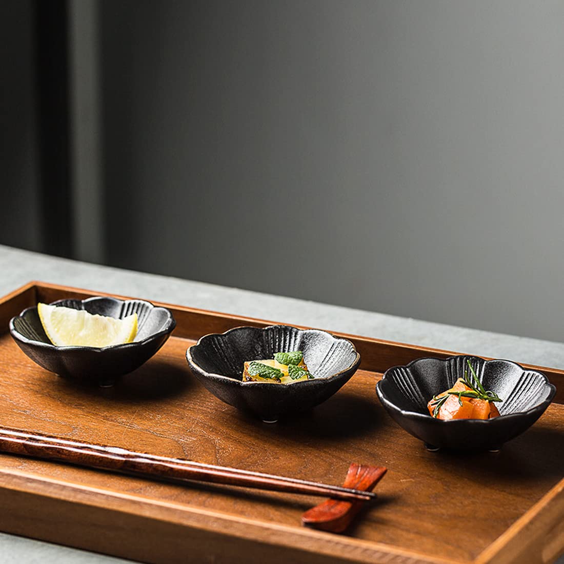 Dipping Bowls, Soy Sauce Dish Ceramic, Small Serving Bowls for Side Dishes Vintage Black Stylish Design, Set of 6 Mini Appetizer Plates for Condiment Sushi Ketchup BBQ Party, 3.34 Inch