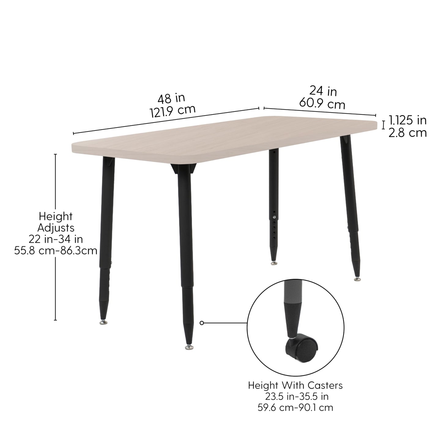 Adapte Commercial Classroom Activity Table - 24" x 48" Rectangle Woodgrain, ADA Compliant Tapered Legs with Glides & Casters, Adjustable Height 22-34" Wheelchair Accessible, School & Office Furniture