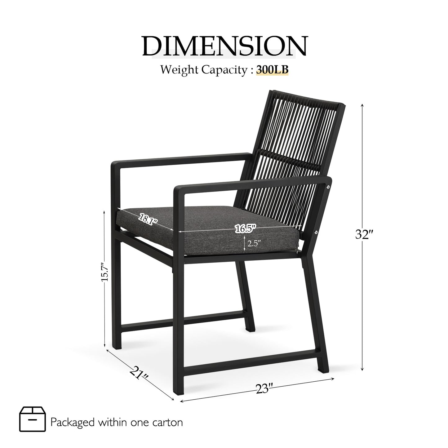 Coreporch Outdoor Patio Dining Chair, All-Weather Woven Rope Outdoor Chairs Set of 2, Sturdy Iron Frame, 400 lbs, Ergonomic Backrest, Removable Breathable Cushion, for Patio & Garden, Black