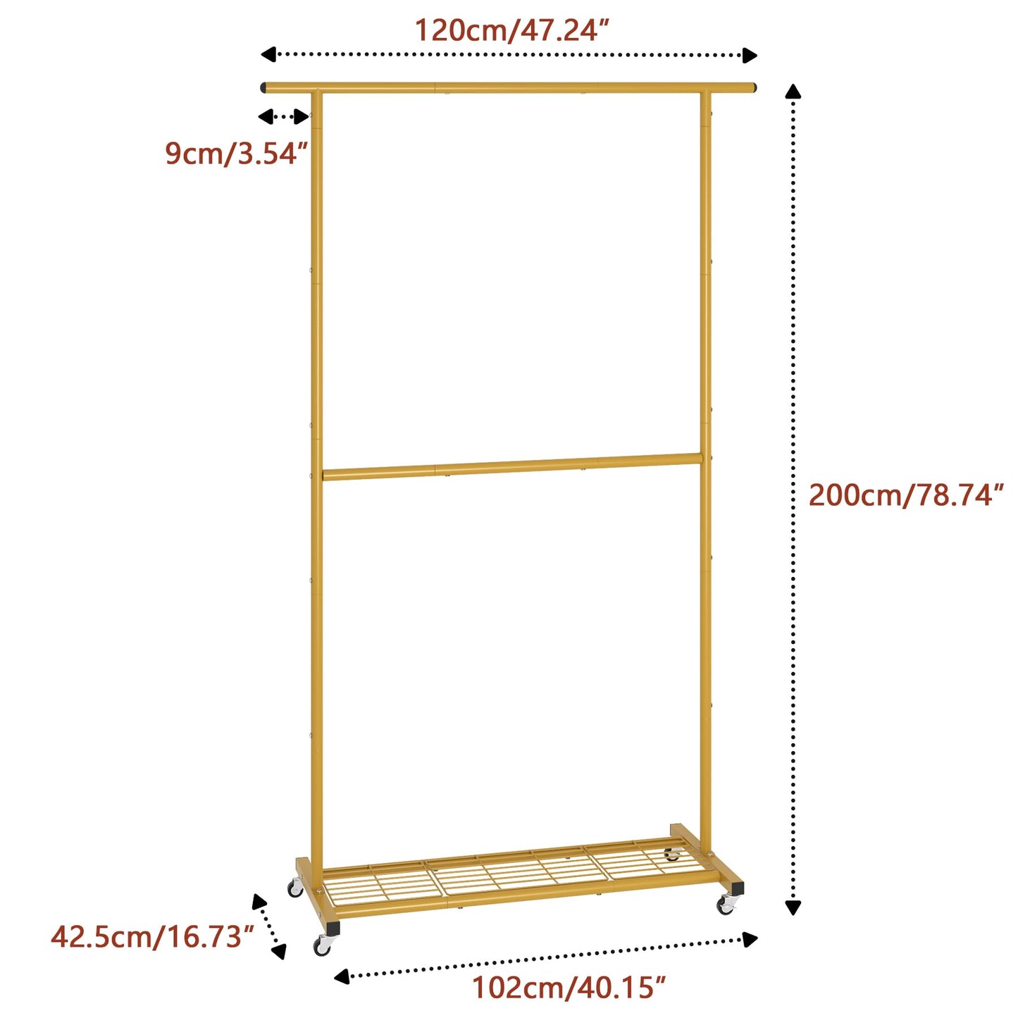 Sywhitta Double Rod Clothing Garment Rack, Rolling Coat Hanger with Bottom Mesh, Clothing Rack for Hanging Clothes, Coats, Skirts, Sweaters, Gold