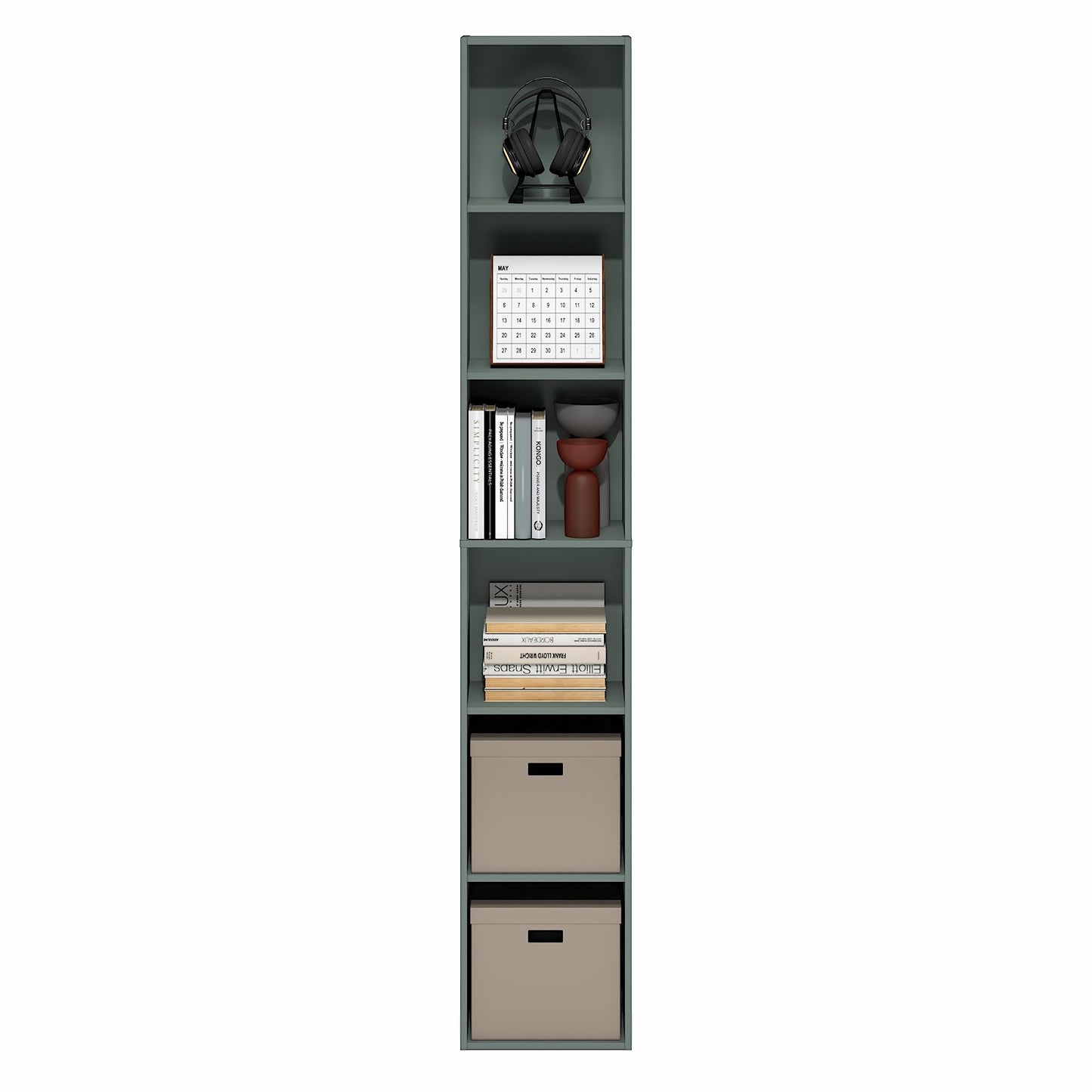 Furinno LUDER Book Shelf, 6-Tier Tall Modern Bookshelf, Bookcase with Open Shelving, Floor Standing Shelves, 9.3 x 12 x 71, for Living Room, Bedroom, Home Office, Sage Green