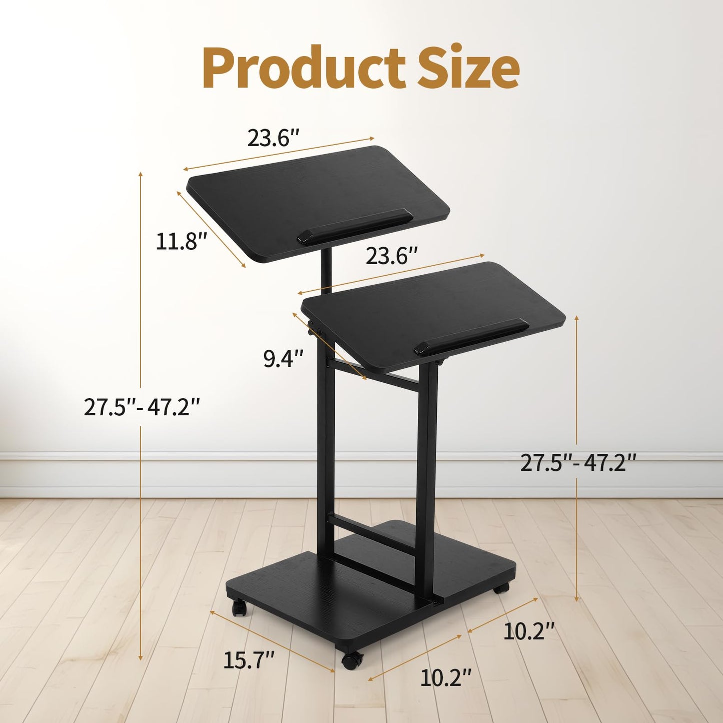 FAHKNS Computer Cart 23.6 Inch - Stand Desk, Space-Saving Portable Desk with Wheels, Height Angle Adjustable Rolling Laptop Desk for Home Office Craft & Study