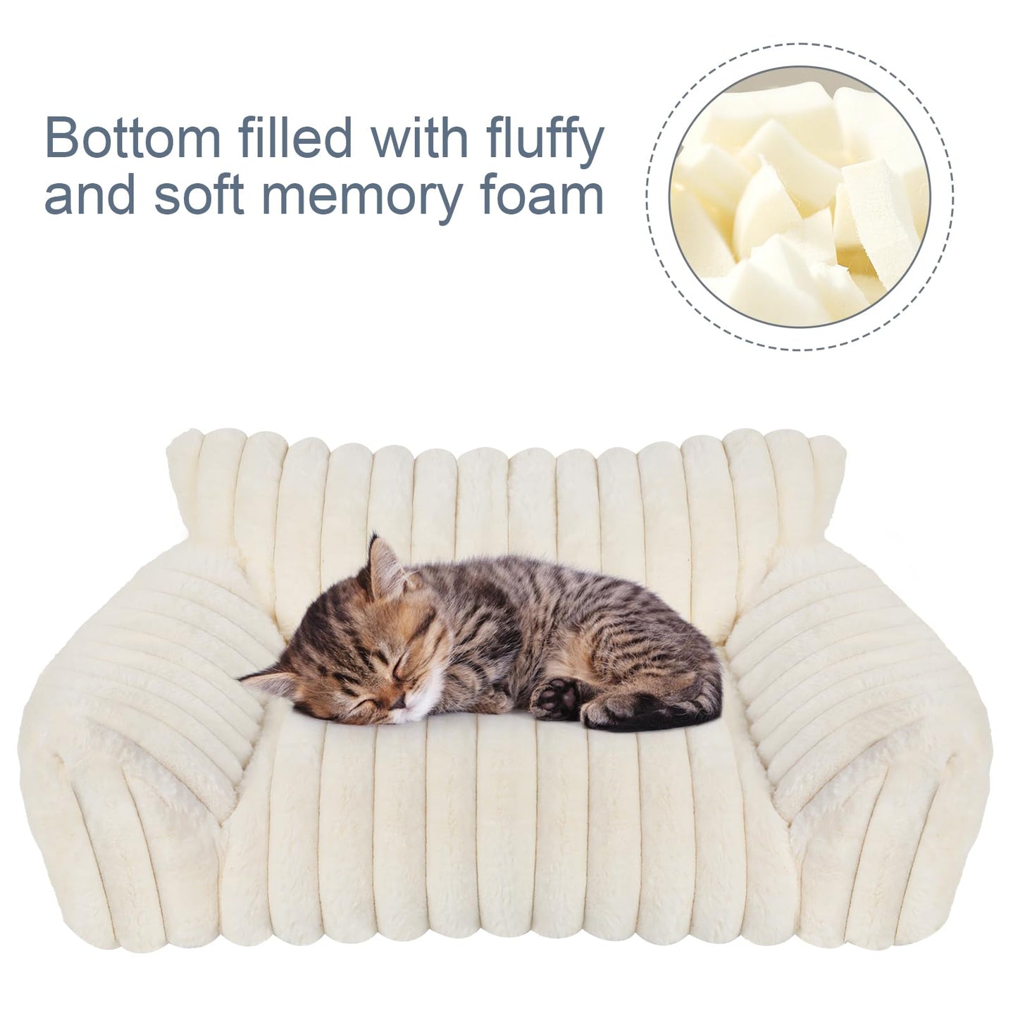 Cute Cat Couch Bed for Indoor Cats, Fluffy Pet Cat Sofa with Premium Soft Corduroy Fleece, Cute Small Dog Beds for Small Dogs, Fuzzy Puppy Chair with Removable Washable Cover (24x18x10,Cream)