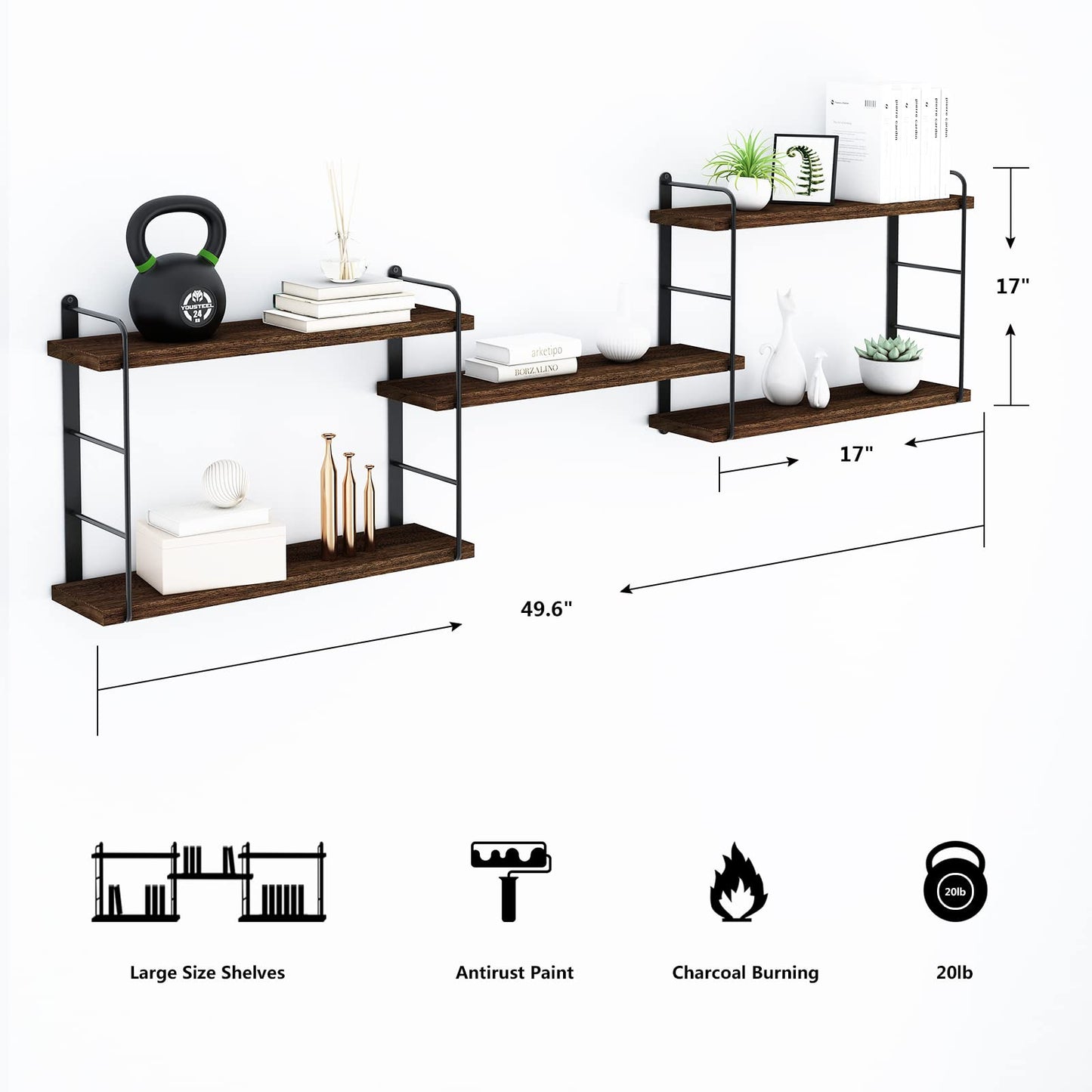 MXCSE Wall Shelves, Wall Mounted Bookshelves, DIY Floating Shelves for Wall, Wood Hanging Book Shelves for Room, Bedroom, Living Room, Easy Installation, 5 Shelves (Brown, 50W x 17H)