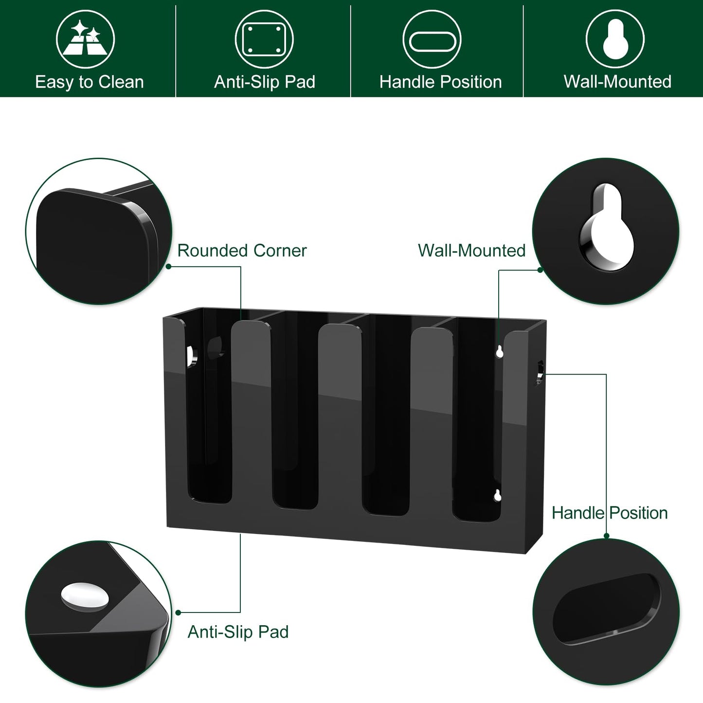 BOSSCASA Disposable Coffee Cup Dispenser with Handles, Countertop or Wall Mount Hot/Cold Drink Cup and Lid Holder - Bathroom/Kitchen/Office Acrylic Cup Lid Storage Organizer (4 Compartments, Black)