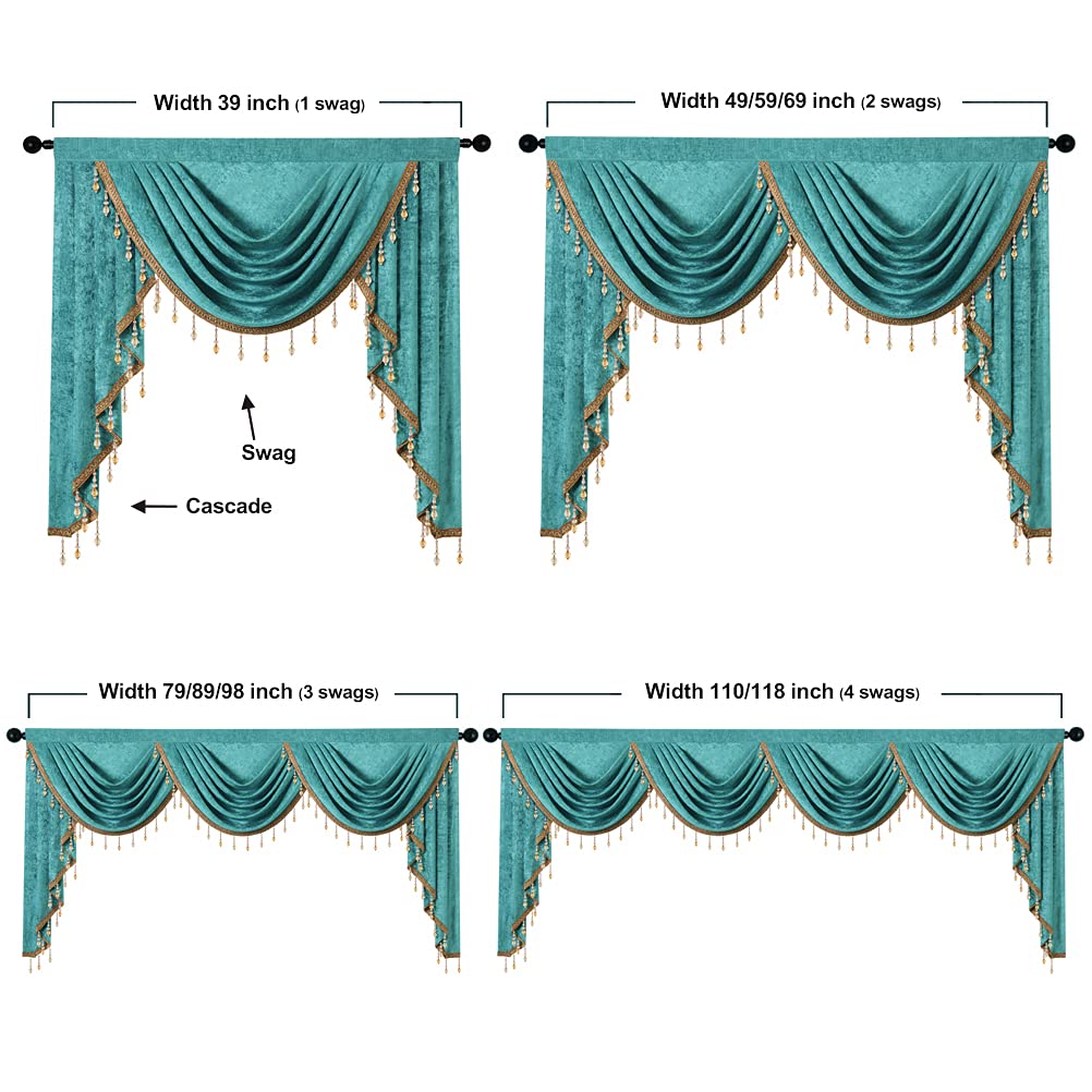 ELKCA Double-Sided Chenille Valance for Living Room Turquoise Curtains Valance with Gold Beads for Bedroom,Rod Pocket(W138Inch,1 Panel)