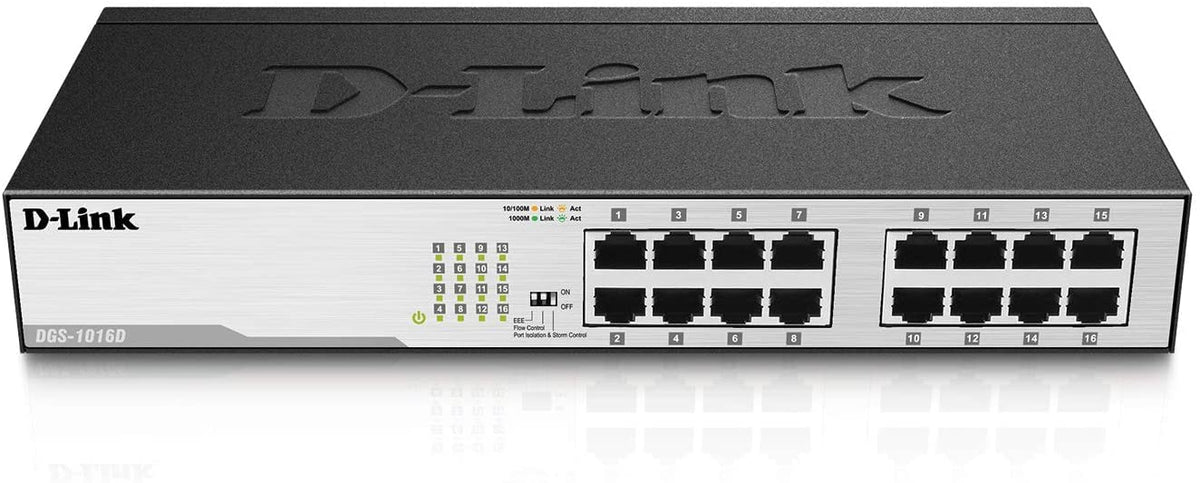 D-Link Ethernet Switch, 16 Port Gigabit Unmanaged Fanless Network Hub Desktop or Rack Mountable (DGS-1016D)
