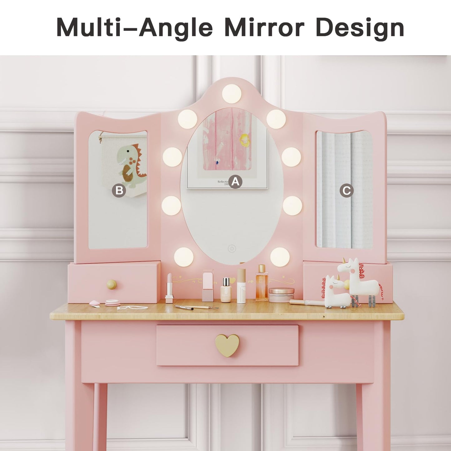 labebe Kids Vanity, Girls Vanity Desk with LED Changing Lights, Pretend Play Princess Vanity Set, Wooden Toddler Makeup Desk Dressing Table with Drawer and Chair (Pink)
