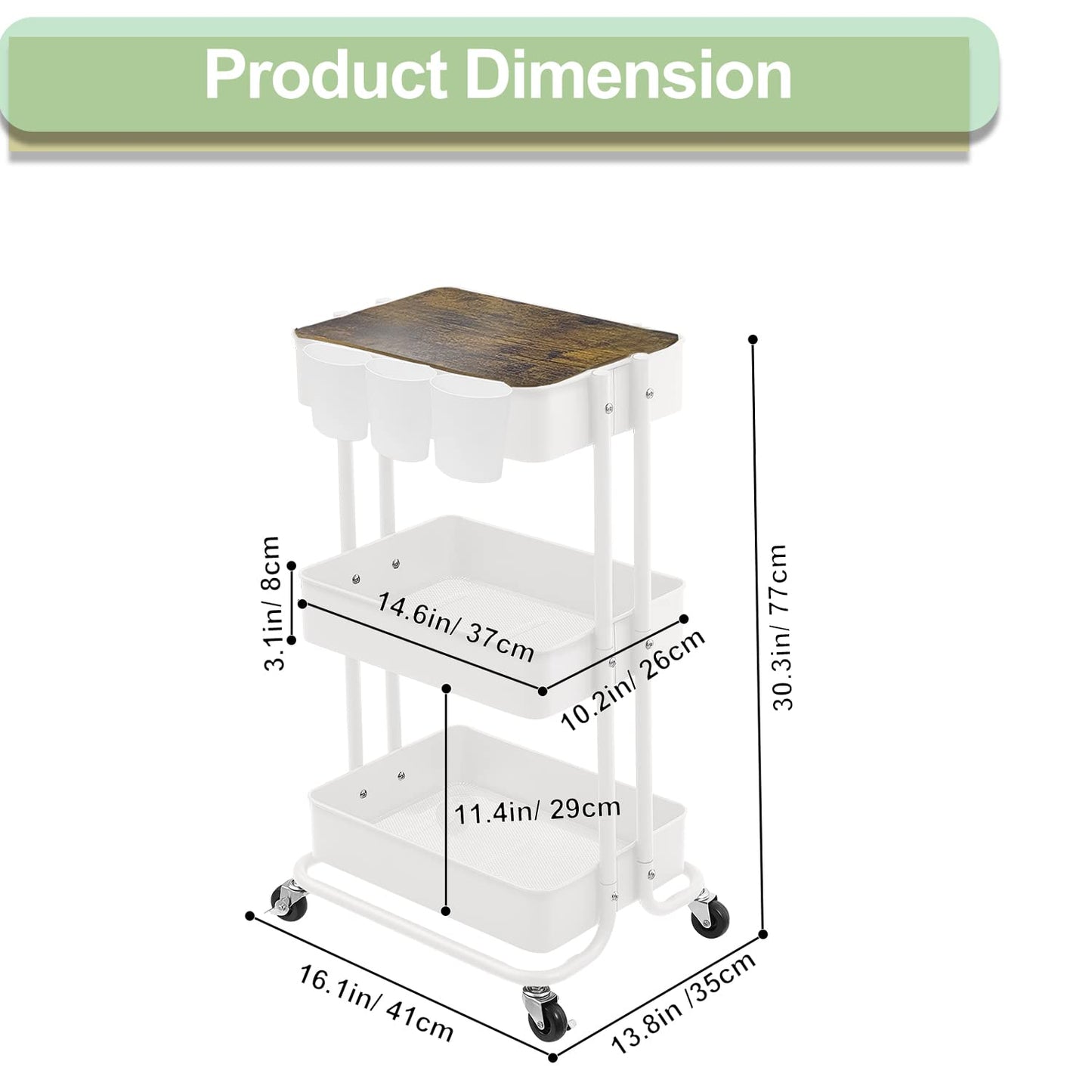 Melody House 3-Tier Metal Utility Rolling Cart Storage Side End Table with Cover Board for Office Home Kitchen Organization, Cream White