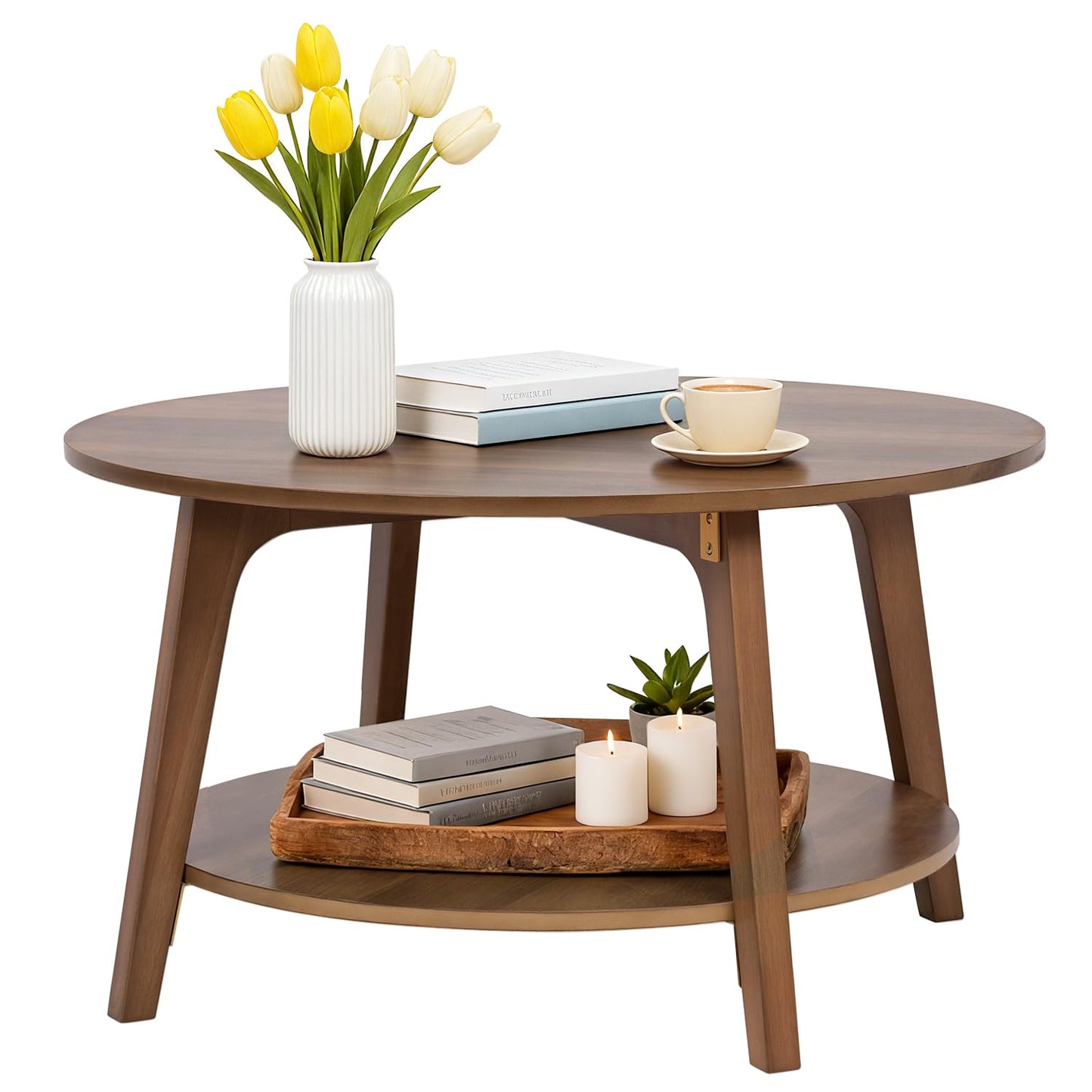 FDW Round Coffee Table 2-Tier Modern Wood Center Table with Storage for Living Room Bedroom or Office Small Space Circle Coffee Table with Sturdy MDF Top & Tapered Legs Easy Assembly,Brown