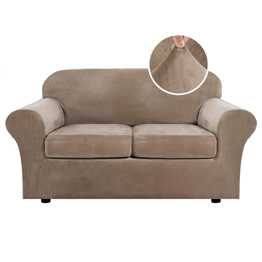 H.VERSAILTEX Real Velvet Plush 3 Piece Stretch Sofa Covers Couch Covers for 2 Cushion Couch Loveseat Covers Width Up to 72 Inch Feature Thick Soft Stay in Place (Medium Sofa, Camel)