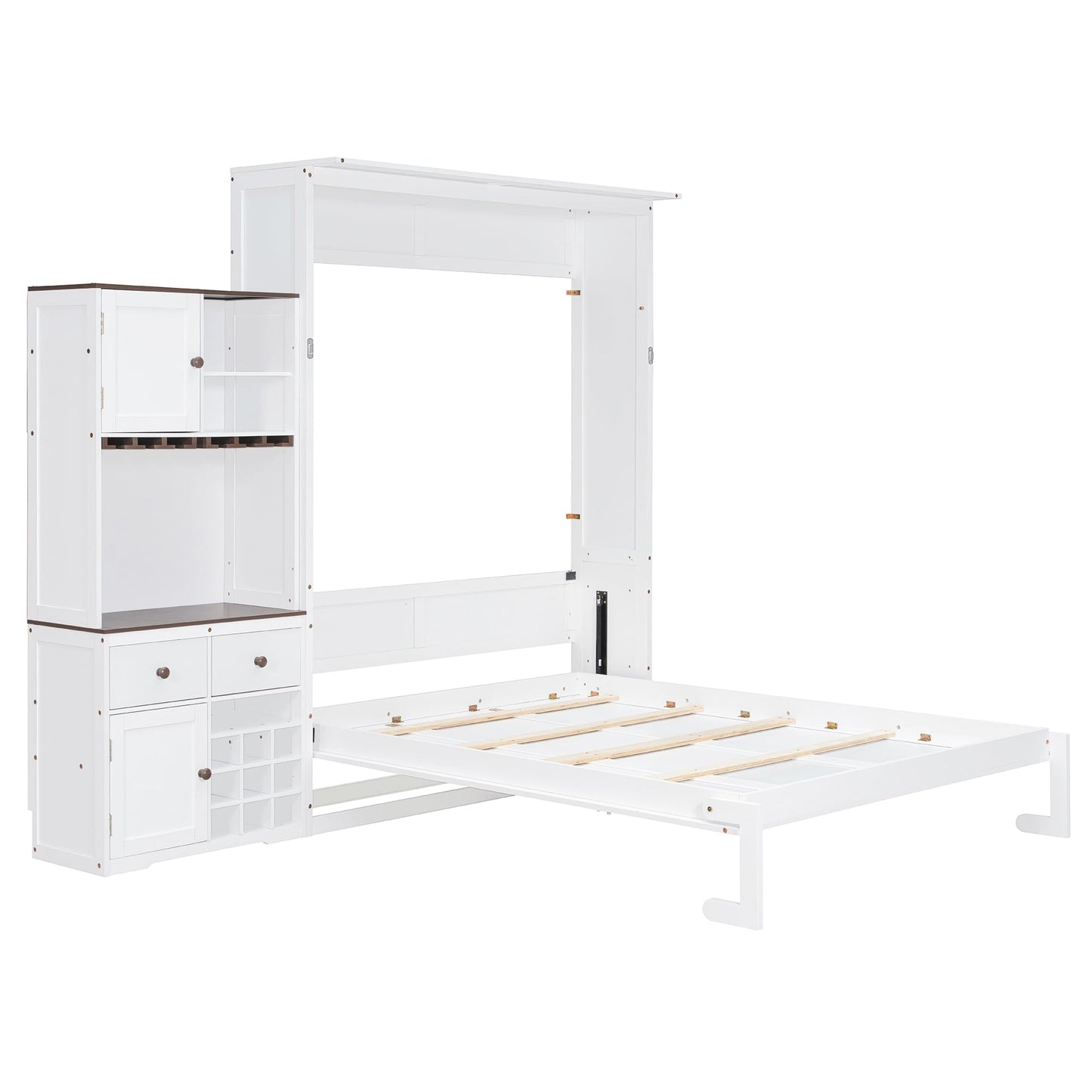 Filtome Queen Size Murphy Bed with Storage Cabinet, Wine Rack, Glass Holder, Drawers and Multi-Color Led Strip, White