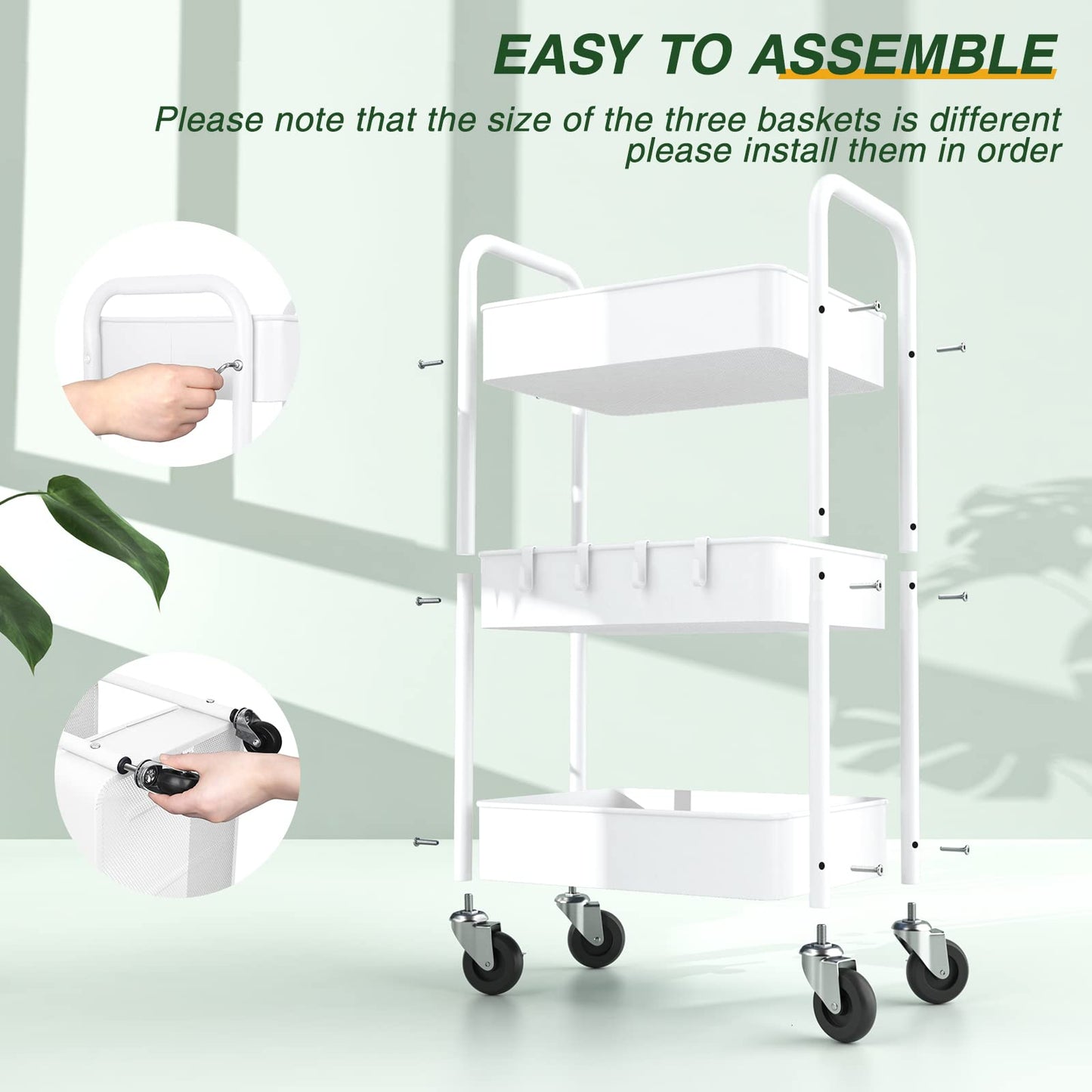 LEHOM 3 Tier Rolling Cart, Metal Rolling Utility Cart with Lockable Wheels & Hooks, Multi-Functional Heavy Duty Storage Cart Organizer for Bathroom, Kitchen, Office, Living Room
