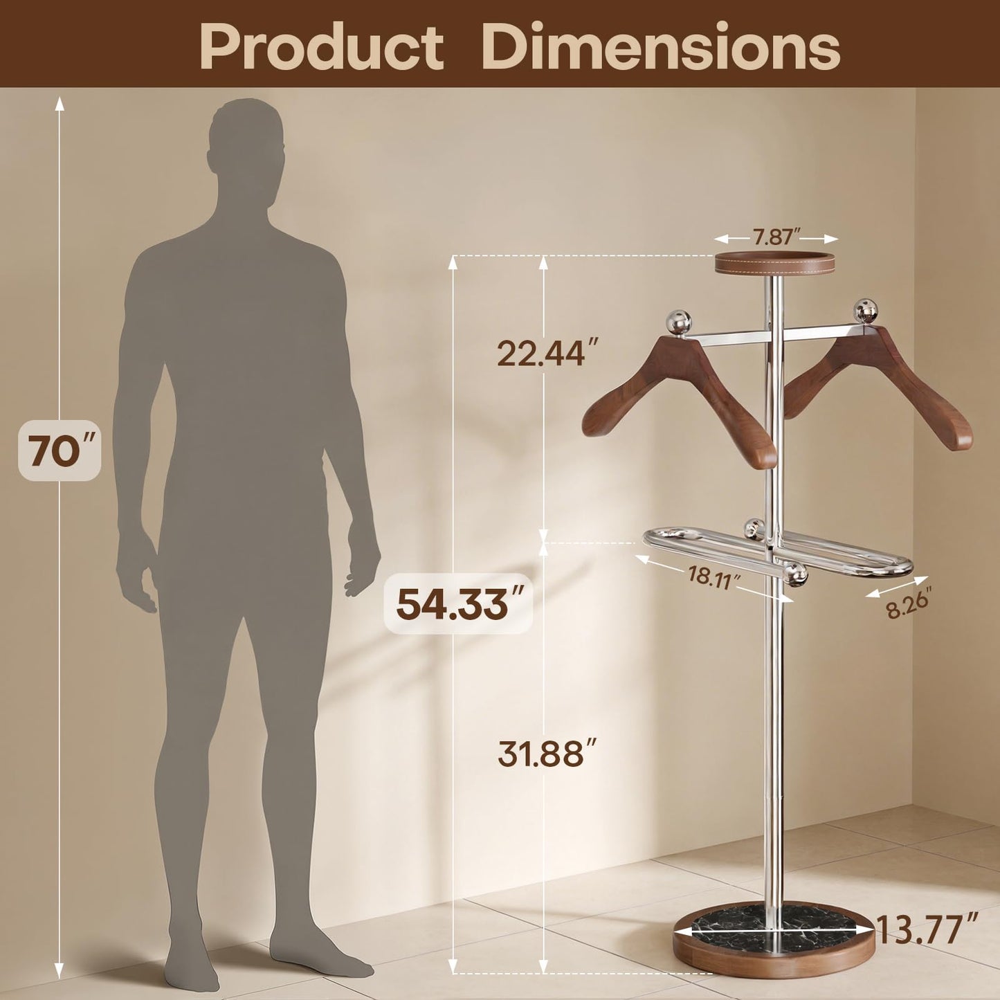 MLAVUDM Suit Valet Stand with Marble Base, Freestanding Men’s Clothing Organizer with 2 Wooden Hangers, Storage Tray, Stainless Steel Frame, for Bedroom, Office, Entryway (12.6" x 54.3")