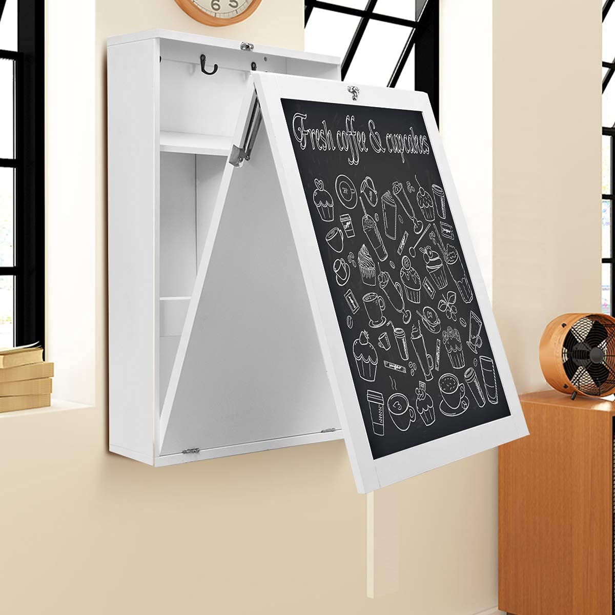 GRAFFY Wall Mounted Folding Desk, Floating Desk with Chalkboard, Multi-Function Wall Mounted Table with Storage Shelves & Hooks, Computer Desk Laptop Workstation Home Office (White)