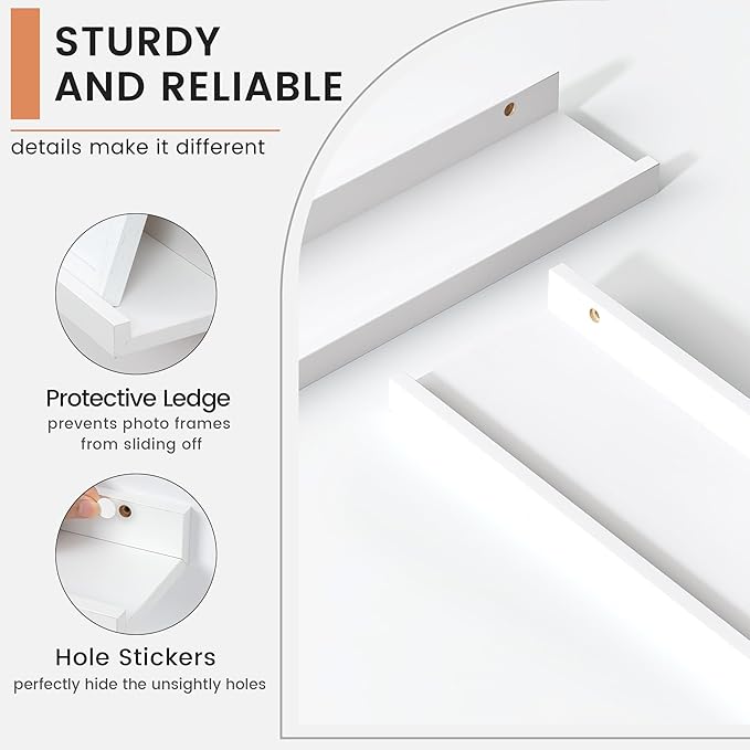 Floating Picture Ledge Shelves Set of 8, 16 Inch Solid Wood Wall Shelves