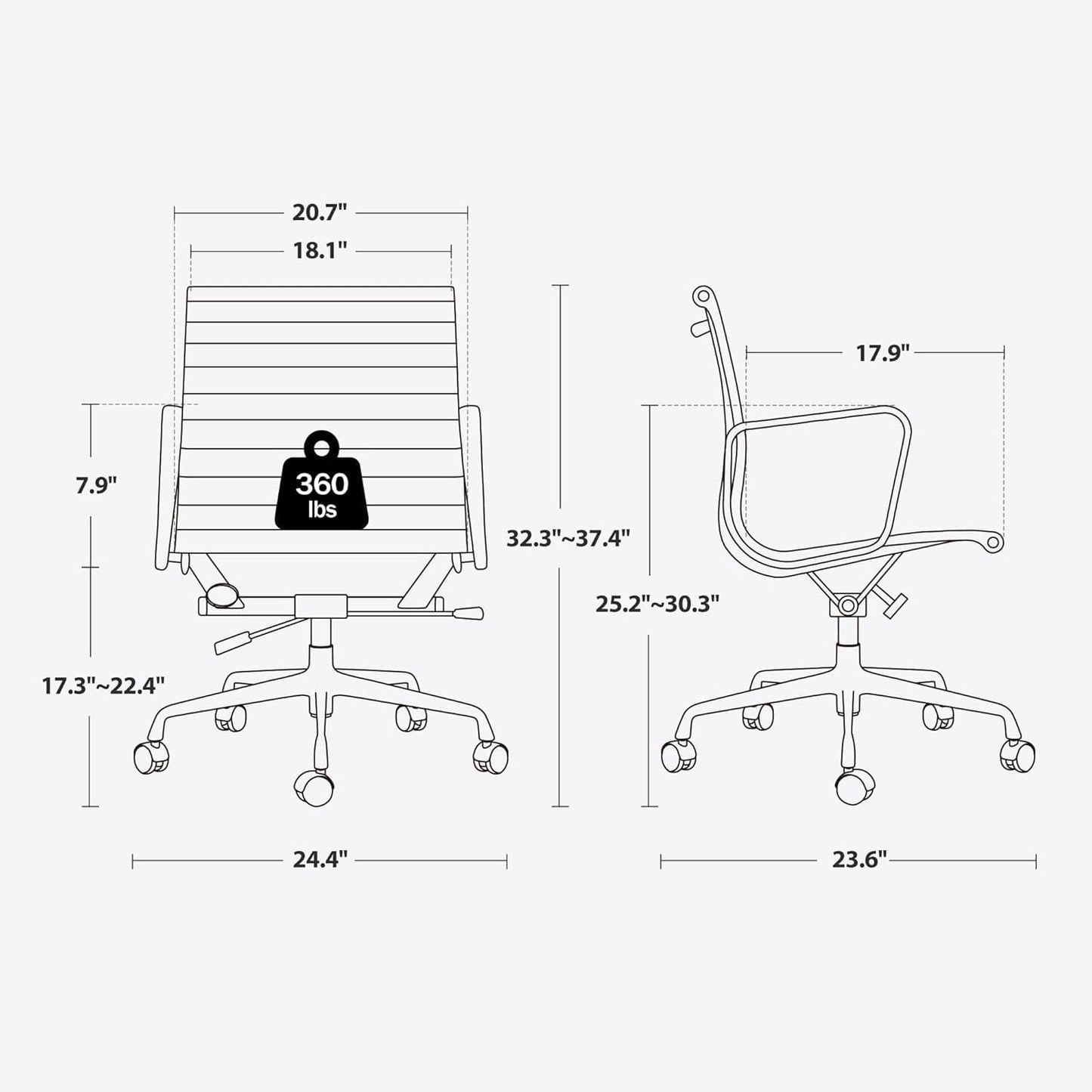OTDMEL Ribbed Office Chair with Top Grain Leather - Mid Back Ergonomic Desk Chair with Aluminum Arms & Frame, Swivel Wheels & Tilt Function, Adjustable Height Light Green