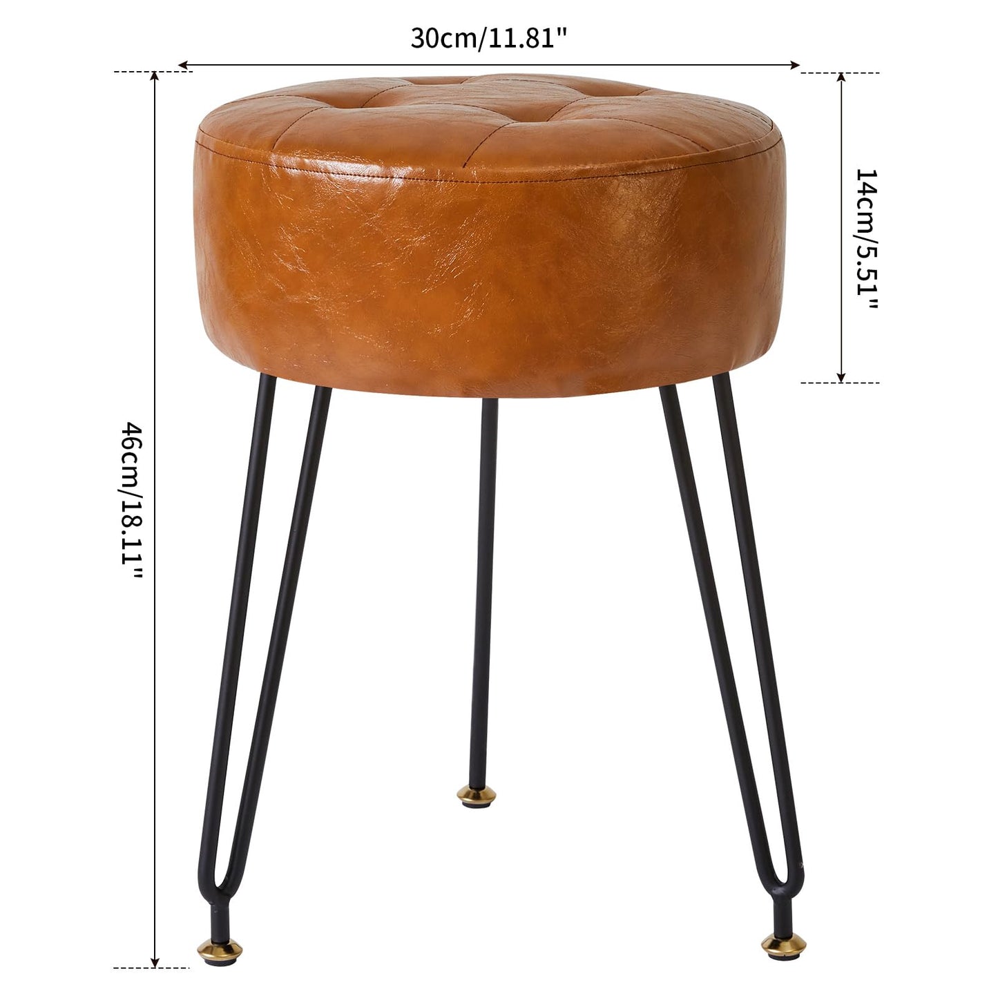 IBUYKE Faux Leather Round Footrest, Makeup Vanity Stool Side Table, PU Dressing Table Seat, Pouf Couch Stool, Golden Steel Legs, Light Brown LG-31J