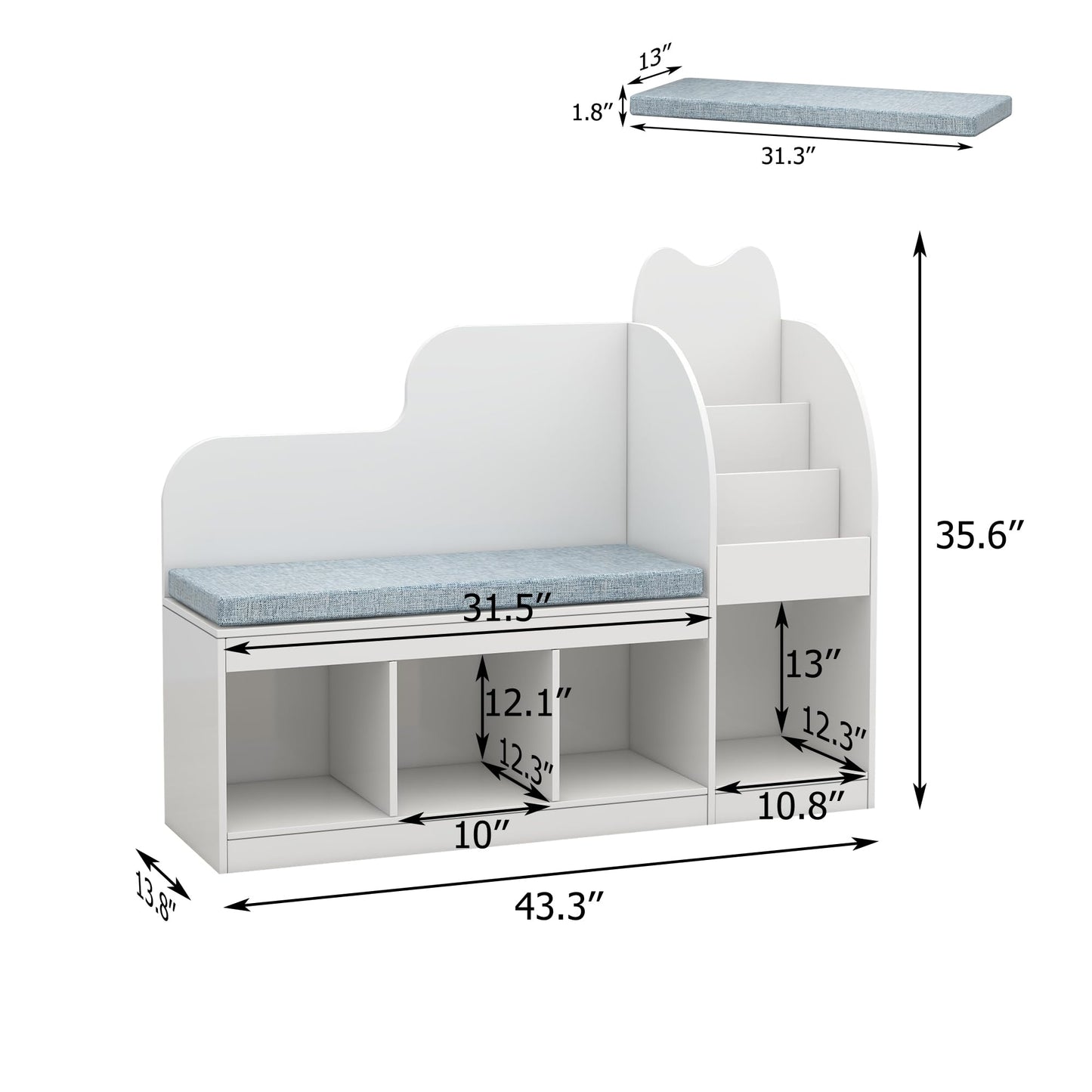 TaoHFE Reading Nook for Kids with 4 Storage Cubes and Cushion, Kid Bench with Kids Bookshelf and Toy Storage, Multifunctional Kids Reading Nook for Living Room, Kid Room, Nursery, White