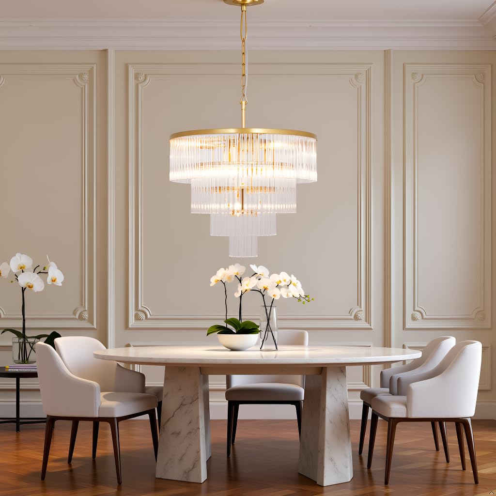 CHGUOSZ Modern Multi-Tier Crystal Chandelier 4-Tier Round Gold Finish Ceiling Light -Cylindrical Glass Rods -Dining Room Living Room Bedroom Entryway -Luxury Lighting Fixture 20''