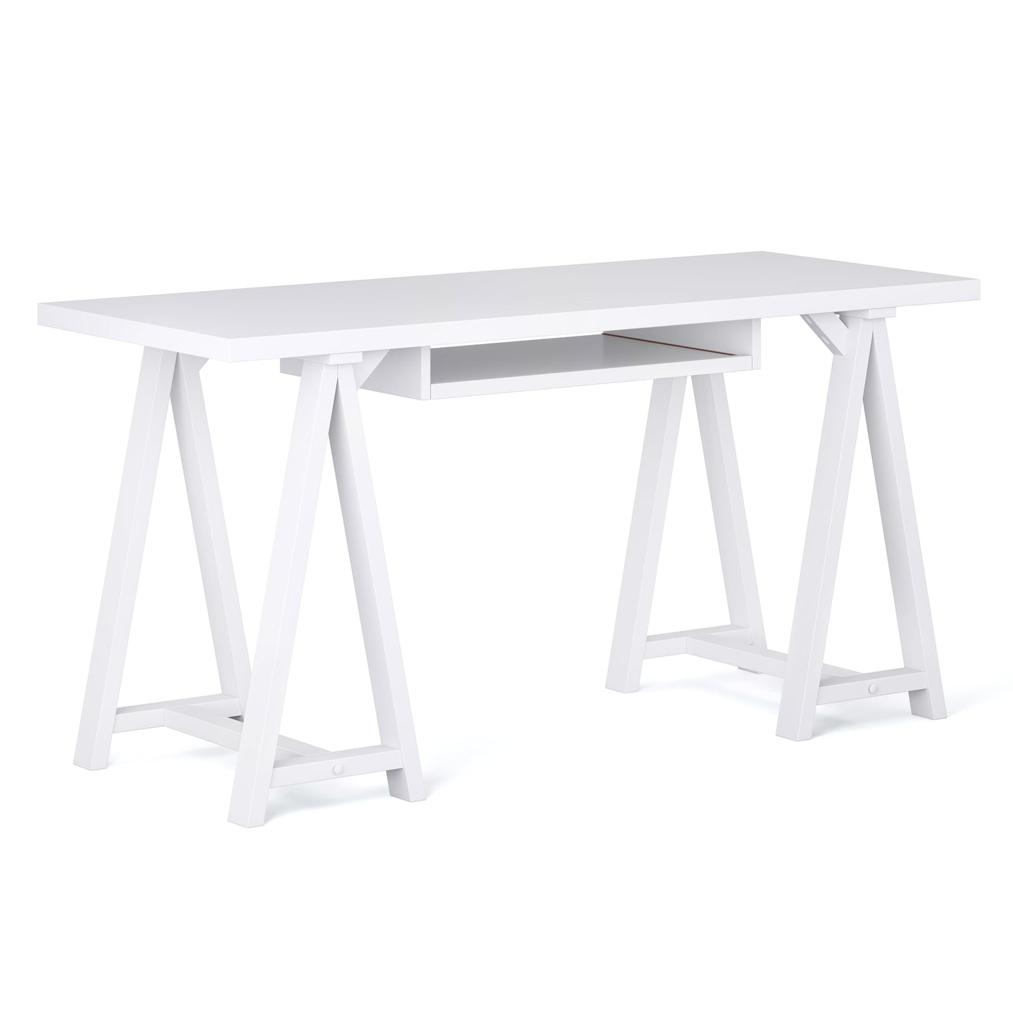 SIMPLIHOME Sawhorse Desk - 60 Inch Wide Solid Wood Writing Desk in White, Modern Industrial Home Office Computer Table for Workspace or Study with Sturdy Sawhorse Base and Integrated Keyboard Tray