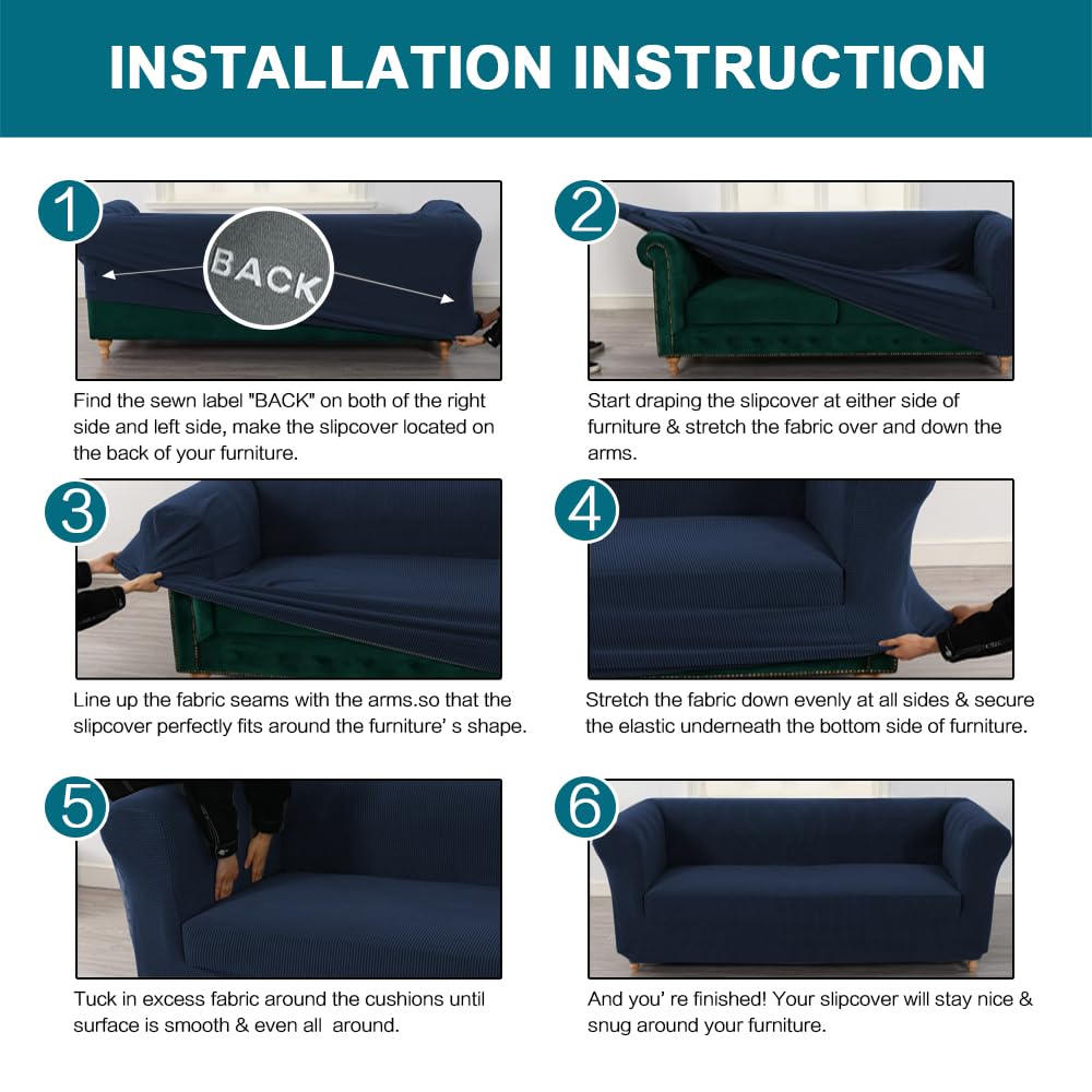 Turquoize Stretch Chesterfield Sofa Covers for Living Room Soft Sofa Couch Covers for 3 Cushion Couch Non-Slip Sofa Slipcover for Dogs Pet Furniture Protector Feature Jacquard Fabric (Sofa, Navy)
