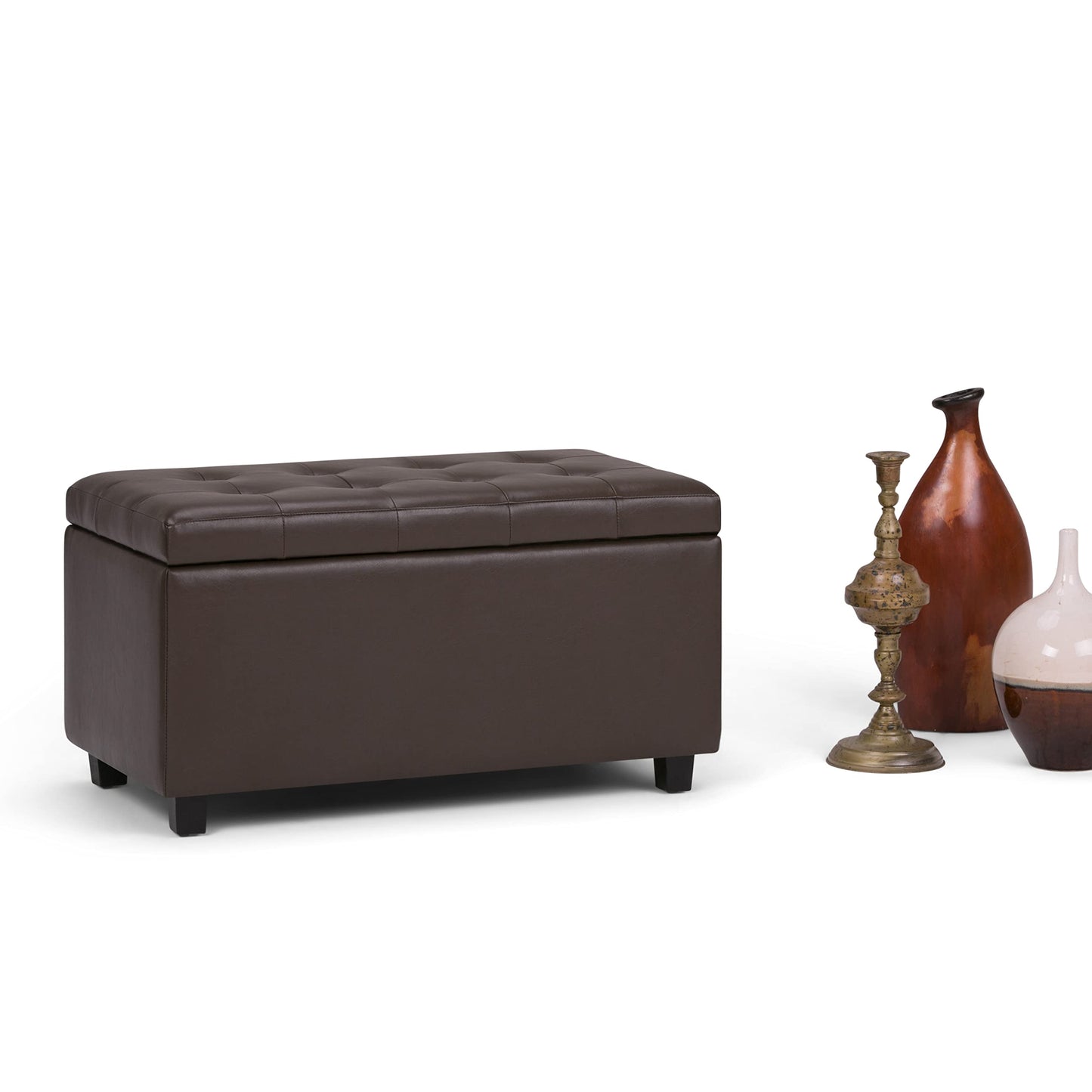 SIMPLIHOME Cosmopolitan Storage Ottoman - 34 inch Wide Upholstered Vegan Leather Rectangle Storage Ottoman Bench in Chocolate Brown, Transitional Tufted Ottoman for Living Room with Lift-Up Lid