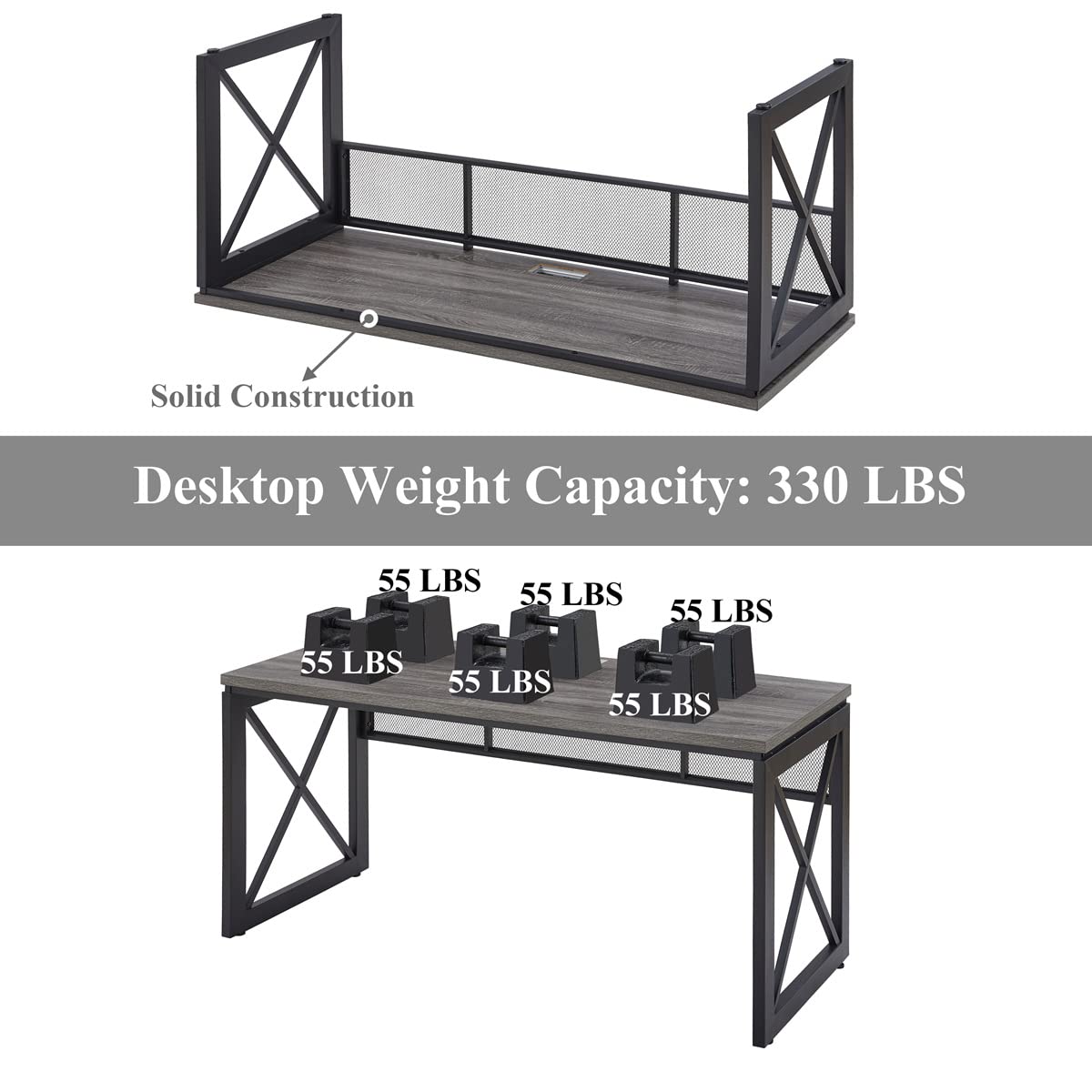 BON AUGURE Industrial Computer Desk, Rustic Wood Desks for Home Office, Sturdy Metal Writing Work Table (60 Inch, Dark Grey Oak)