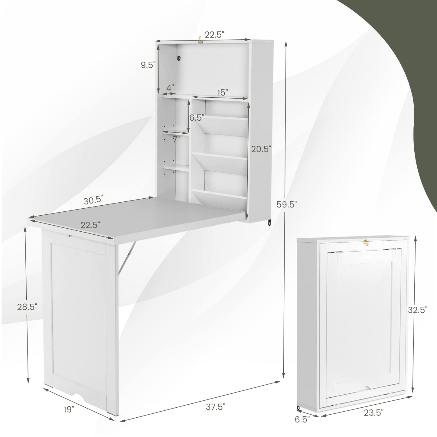 Nightcore Wall Mounted Table w/Classified Storage Space, Foldable Multiple-Purpose Desk, Sturdy Wood Structure, Floating Convertible Desk/Cabinet for Apartment, Narrow Place and Limited Room (White)
