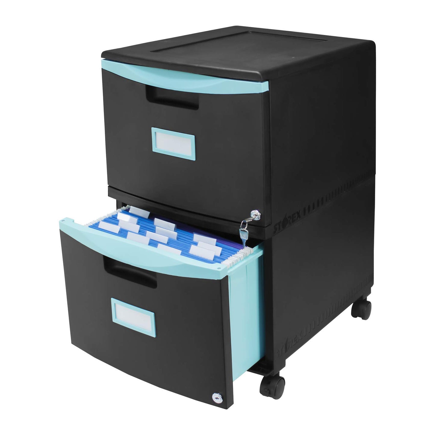 Storex Plastic Two-Drawer Mobile Pedestal File Cabinet – Locking Document Organizer with Casters for Home and Office, Black, 1-Pack (61315C01C)