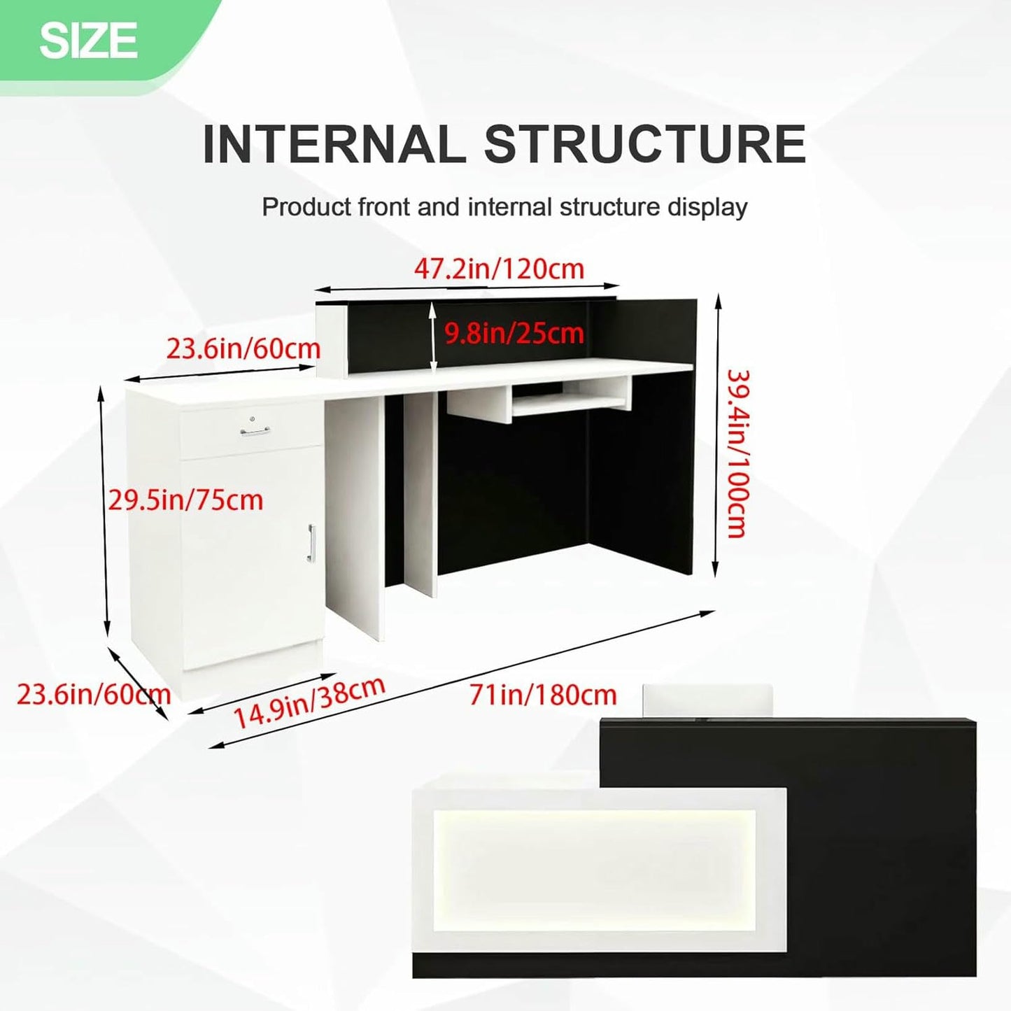 BTOIASYHF White and Black Reception Desk with LED Light 71inch/180cm Wooden Commercial Receptionists Desk Front Reception Counter Table Computer Workstation for Office Salon Checkout Left
