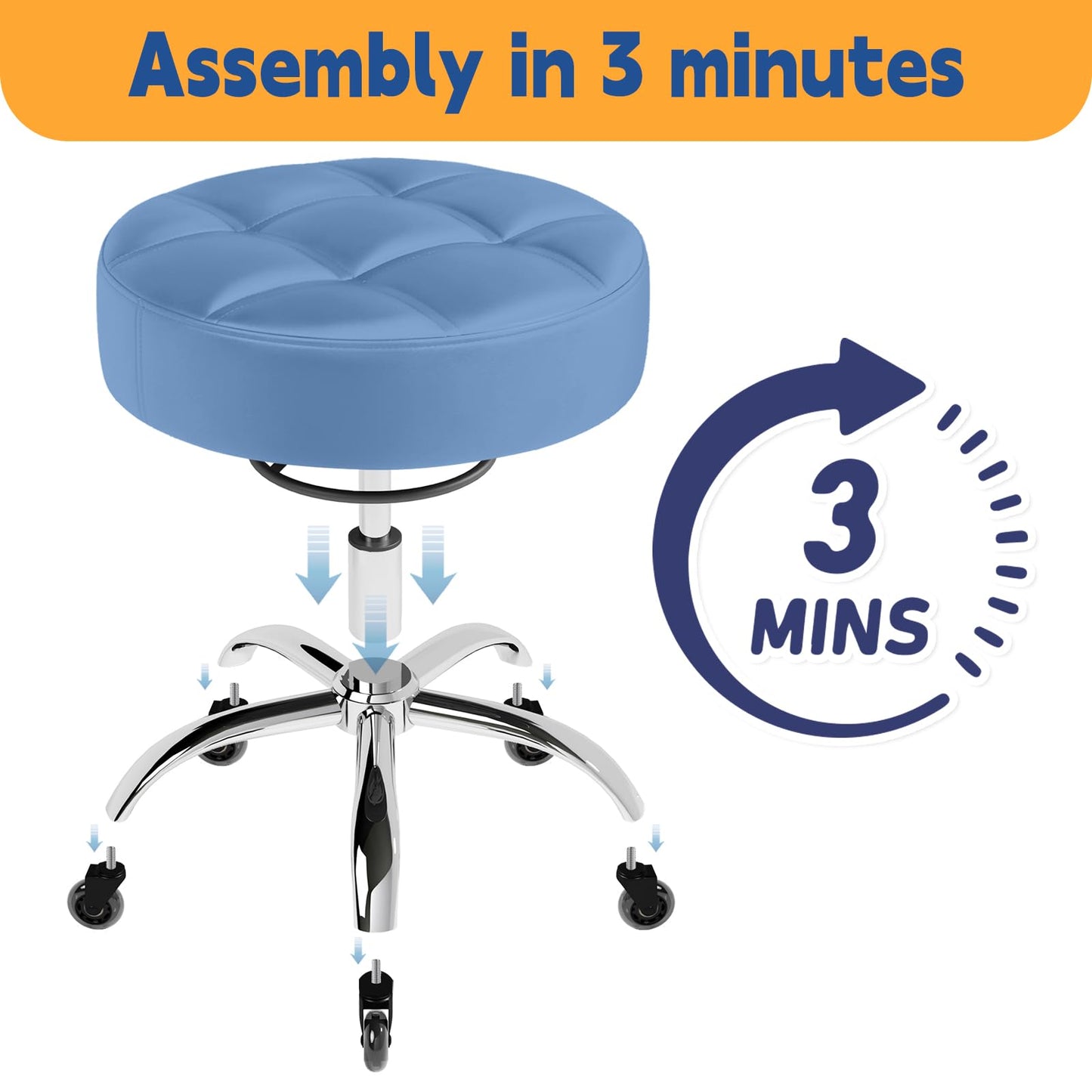 Rolling Stool Heavy Duty 400lb: Super Soft Seat Cushion,360° Swive,Height Adjustability,No Squeaky Noises,No Tip Over,New Upgraded Stool Salon Stool Chair, Tattoo Facial Massage Spa Medical (Blue)