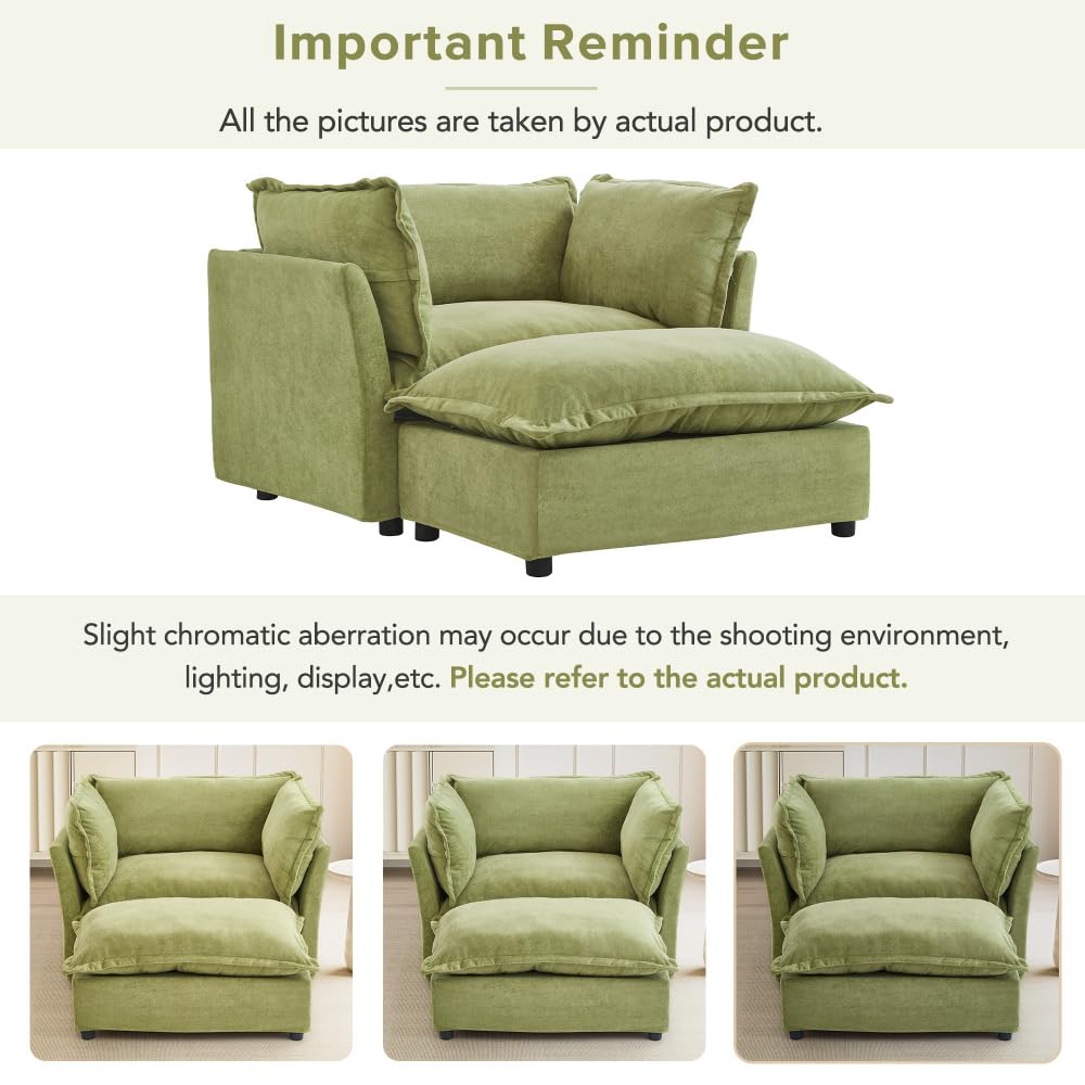 Asmeten Modern Armchair Sofa 47" Cozy Upholstered Sofa Chair with Movable Ottoman, Wide Seat, Curved Armrests and Soft Pillows for Living Room, Bedroom,Green (Green + Chenille + 2 Seat + Foam)