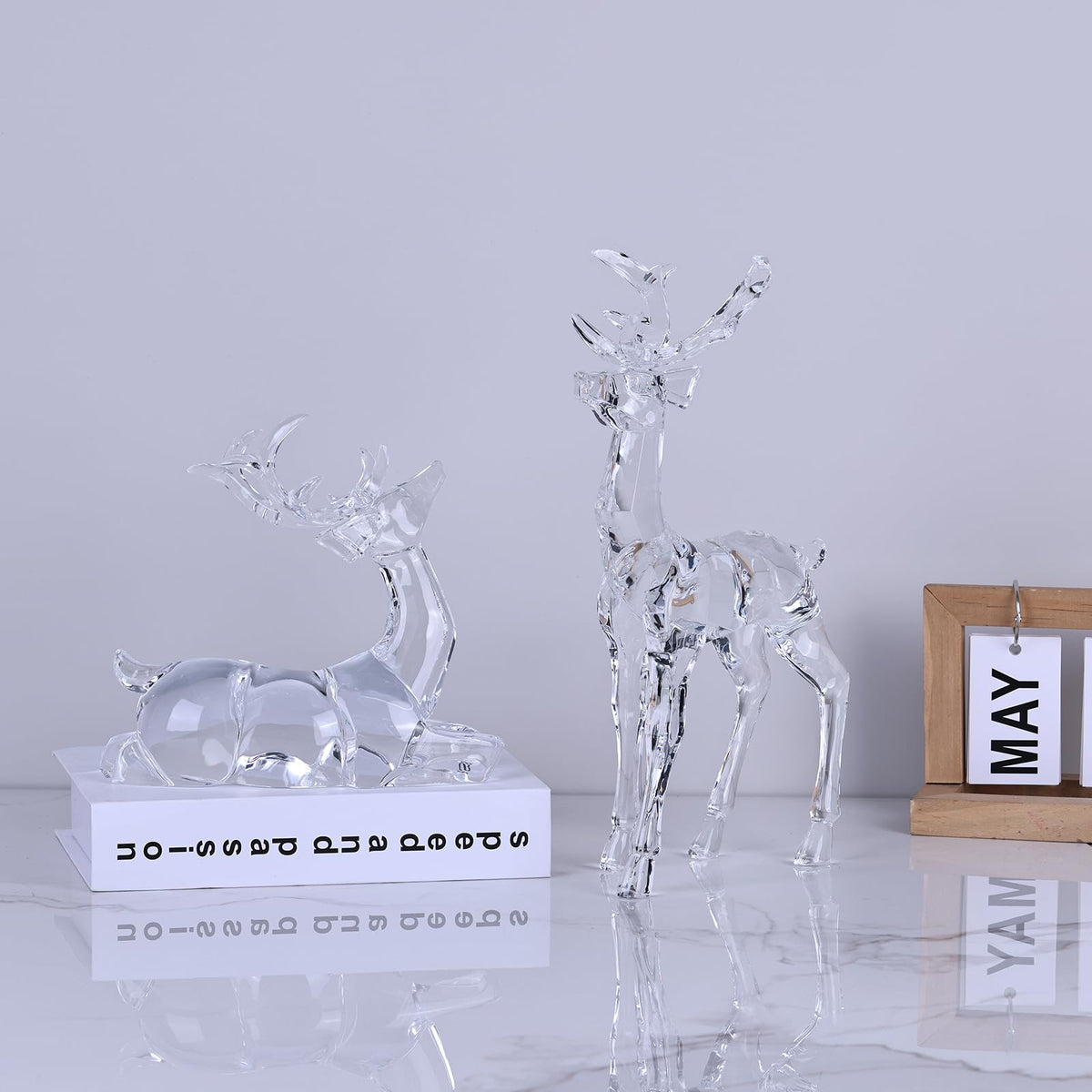 Deluxe Acrylic Christmas Deer Figurines Set of 2, White Clear Reindeer Figurines, Deer Statue and Sculpture for Holiday Reindeer Christmas Indoor Decoration Table Top High End Clear Crystal Finish